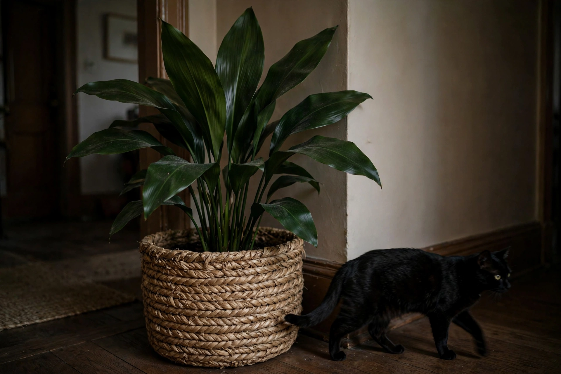 Cast iron plant in a woven basket in a hallway with a cat