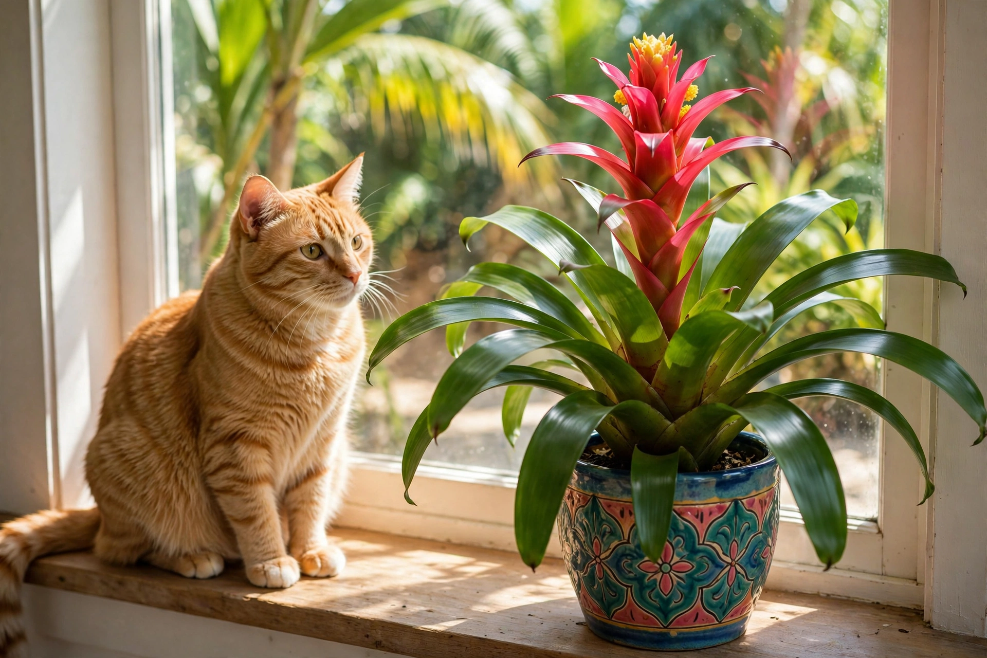 Colorful bromeliad flower on a windowsill with a ginger cat