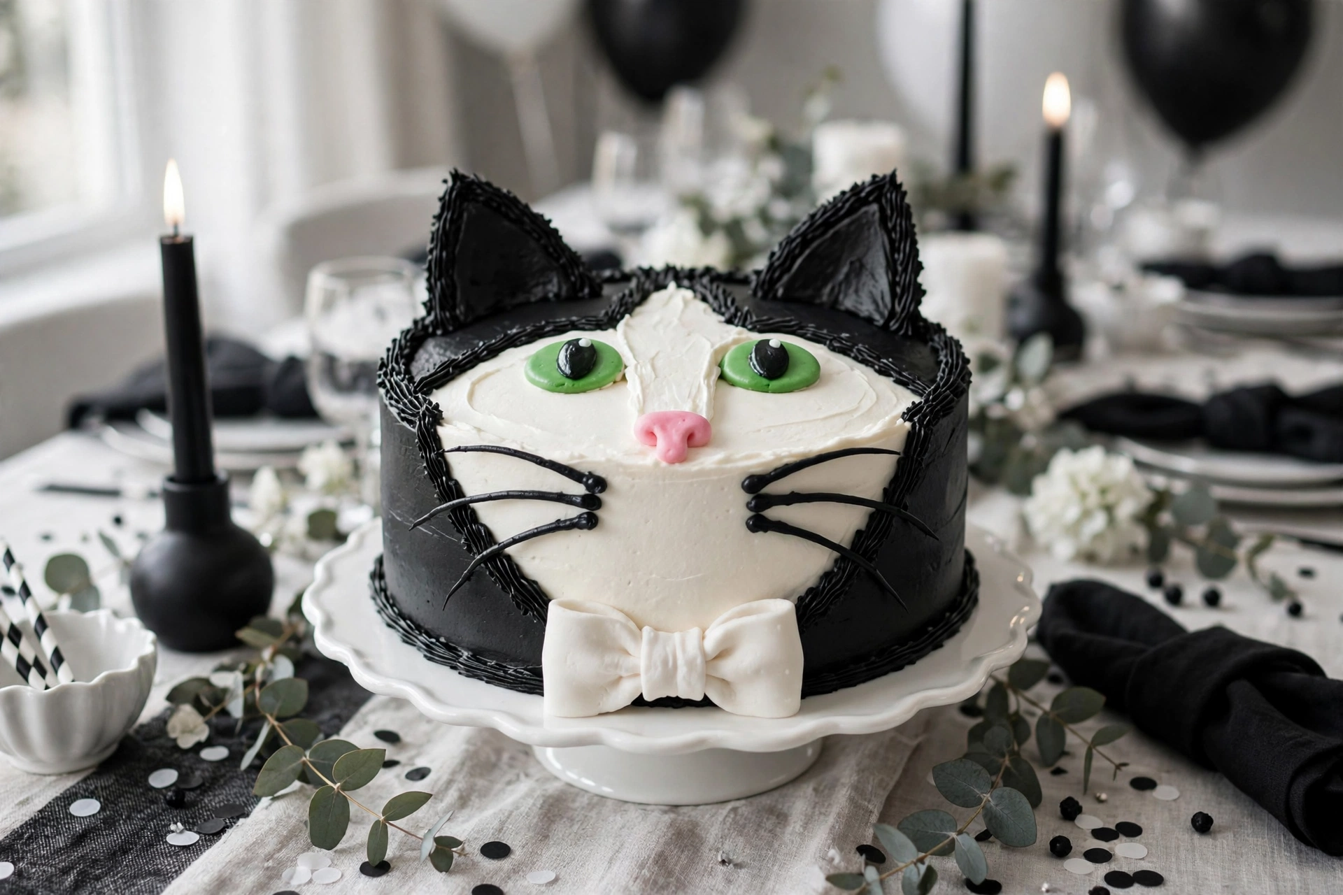 Tuxedo cat birthday cake in black and white with bow tie