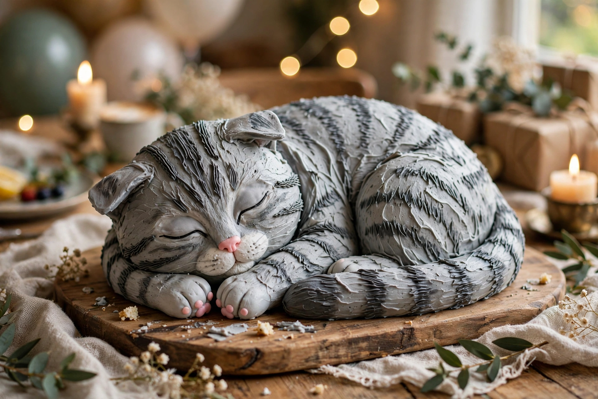 Sleeping cat loaf cake shaped like a curled-up gray tabby