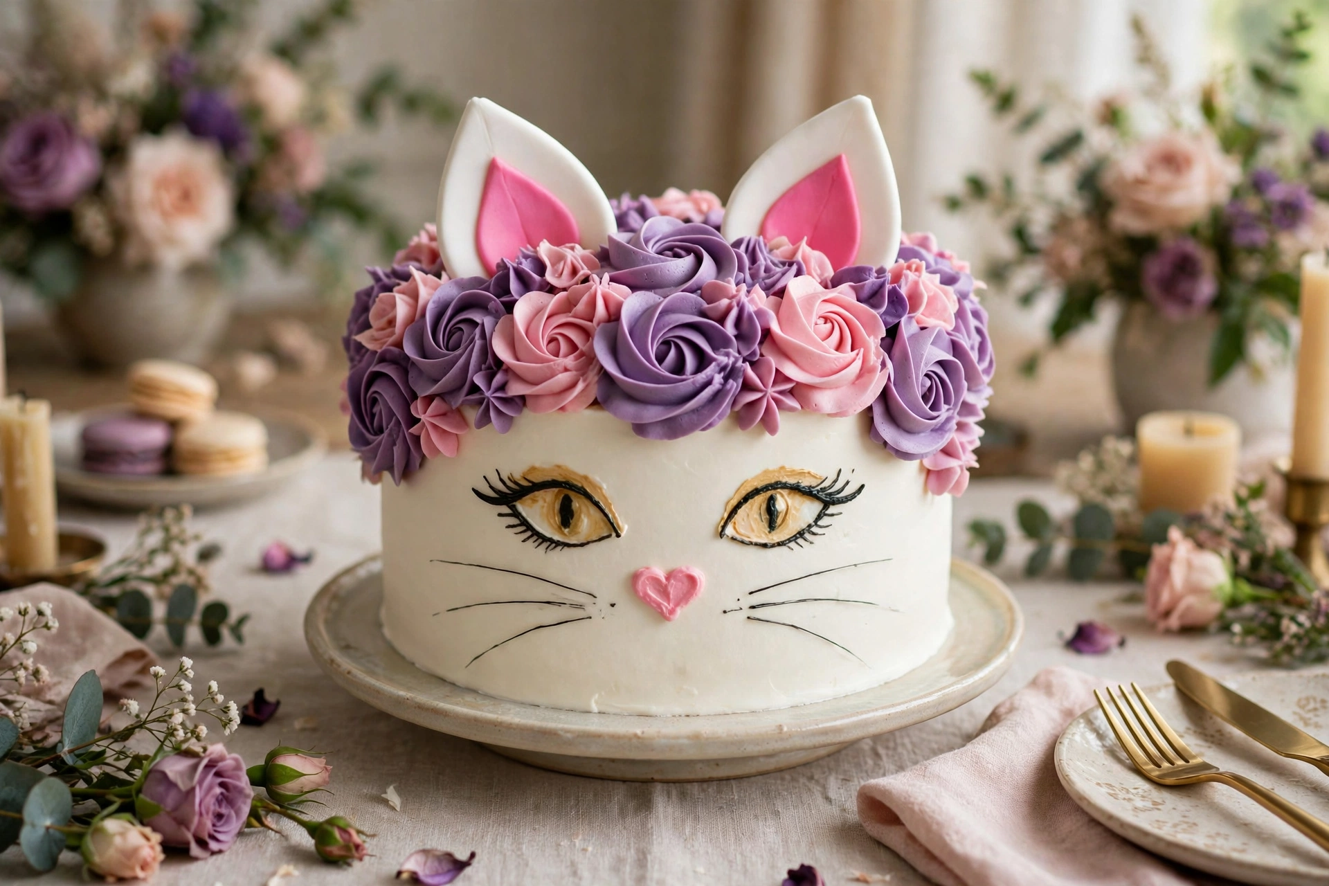 Floral crown cat birthday cake with white buttercream and rosette crown