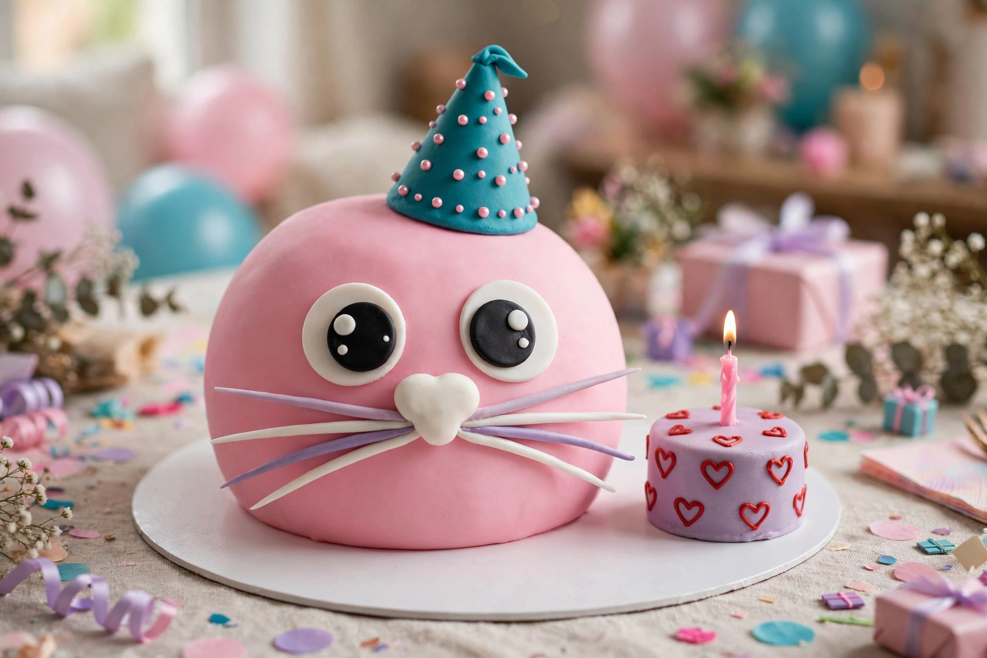 Pink fondant cat face birthday cake with teal party hat and mini smash cake