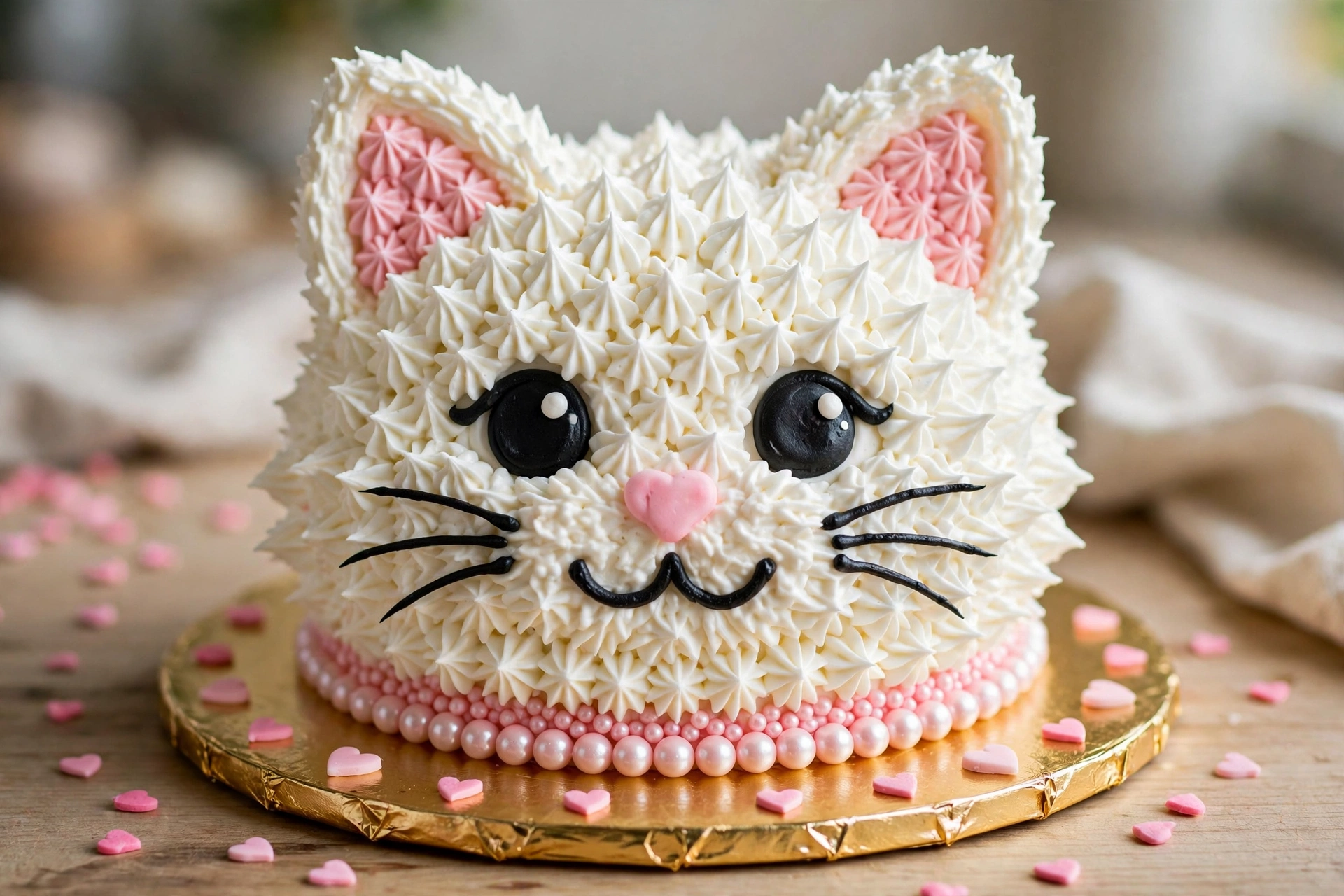 White kitty birthday cake with star-tip piped fur and pink pearl collar