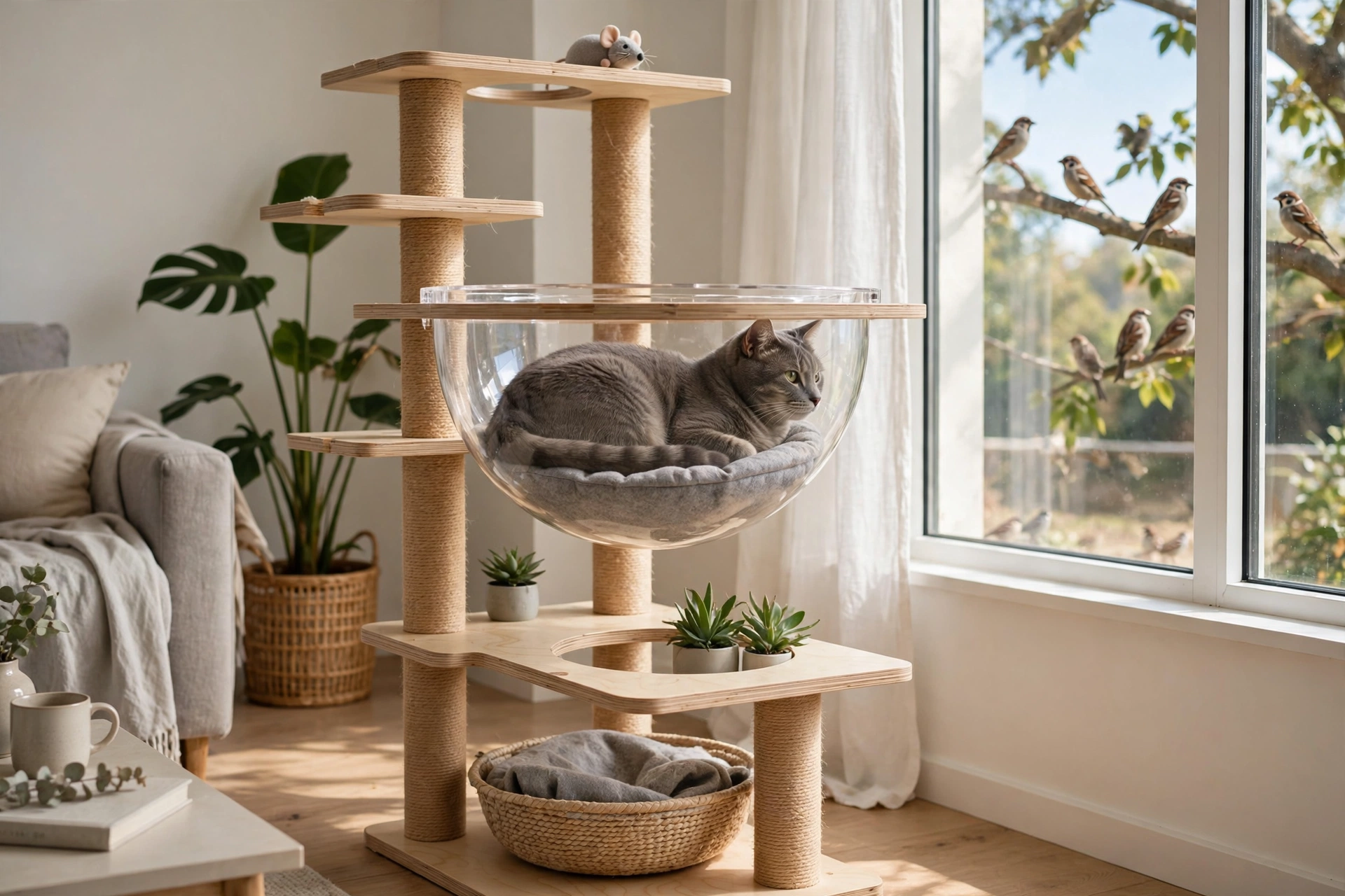 Cat tree with a clear acrylic bubble perch for bird watching