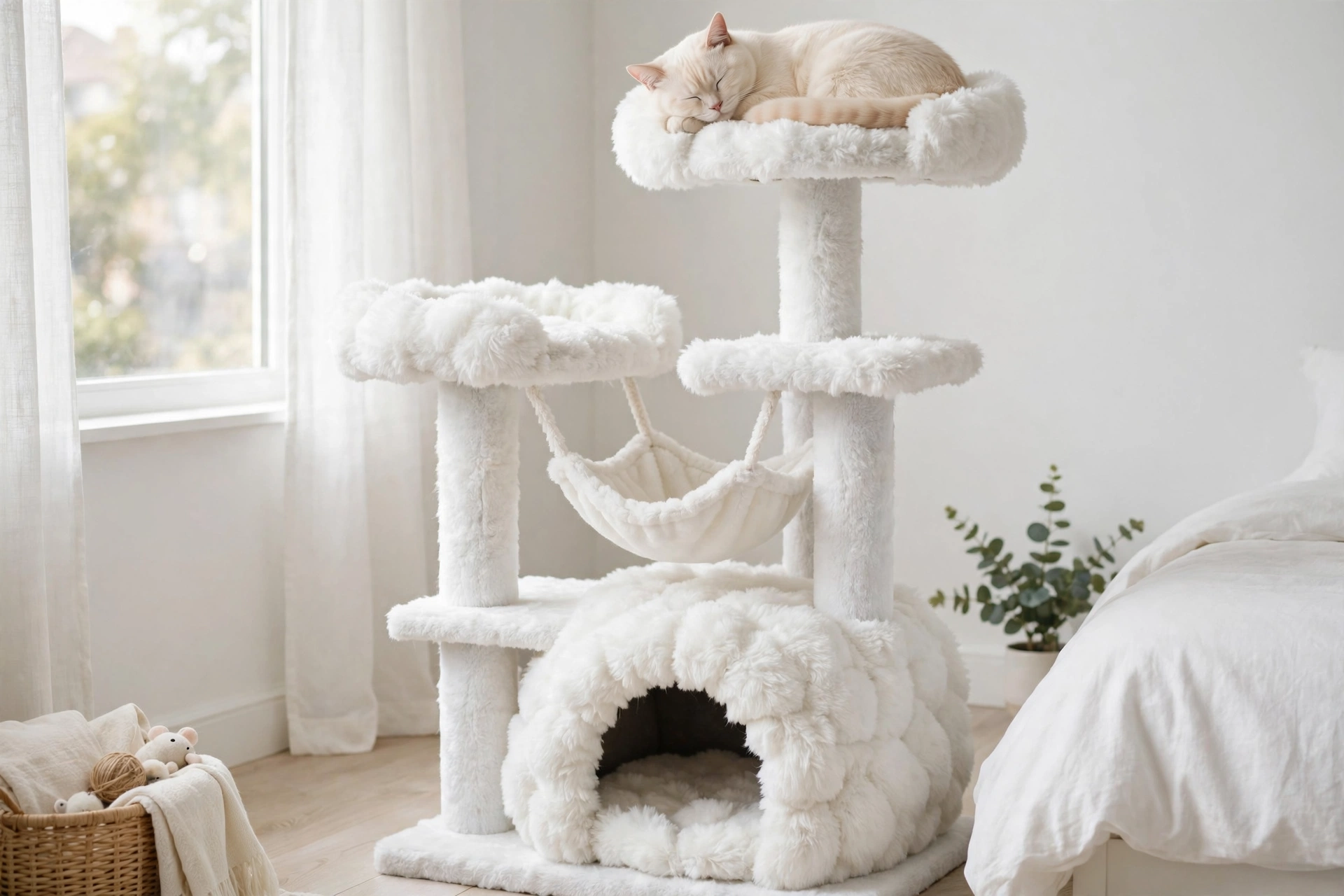 Cloud-white fluffy plush cat tree with soft platforms in a bright room