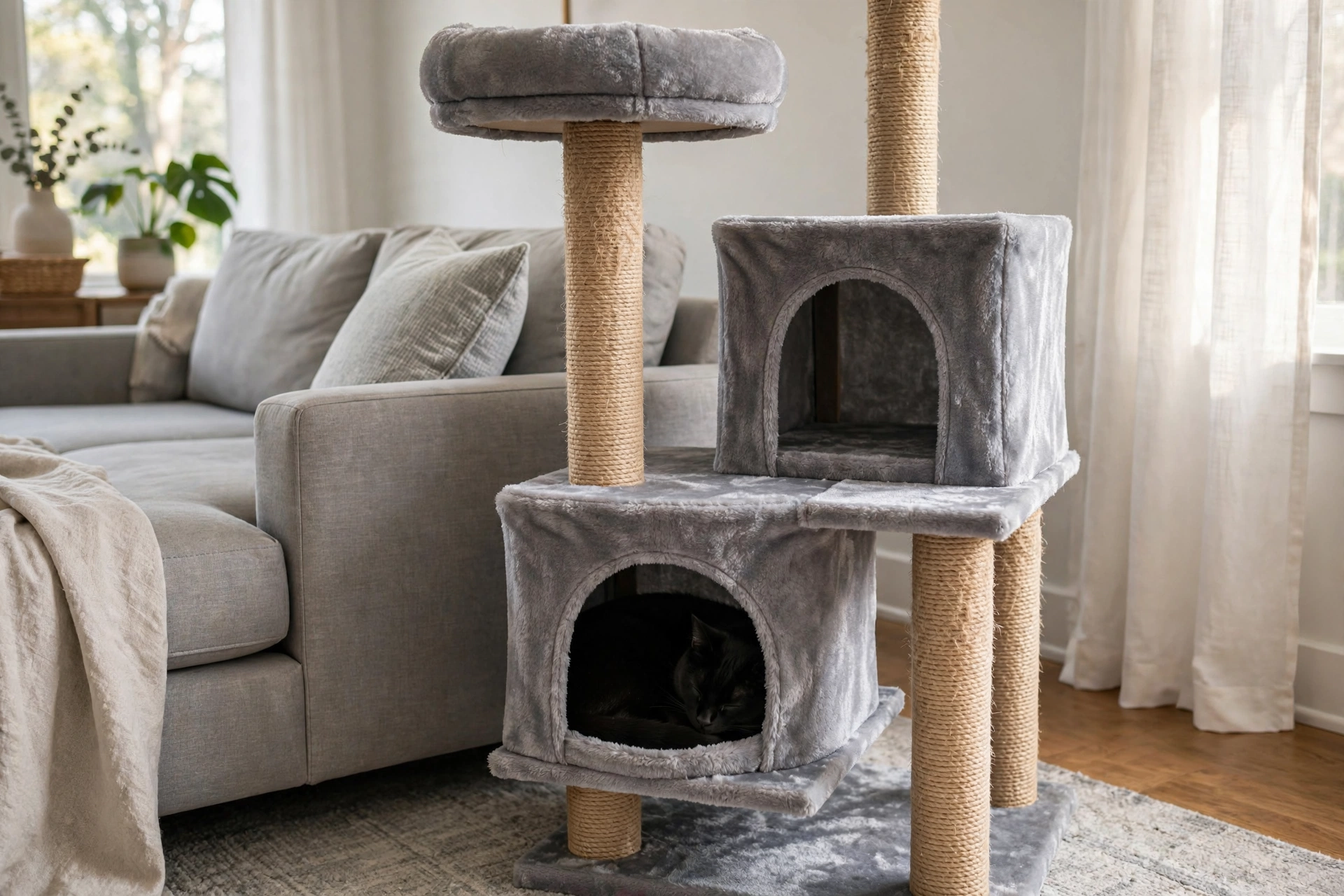 Cozy gray multi-level plush cat tree with condos and perches in a living room