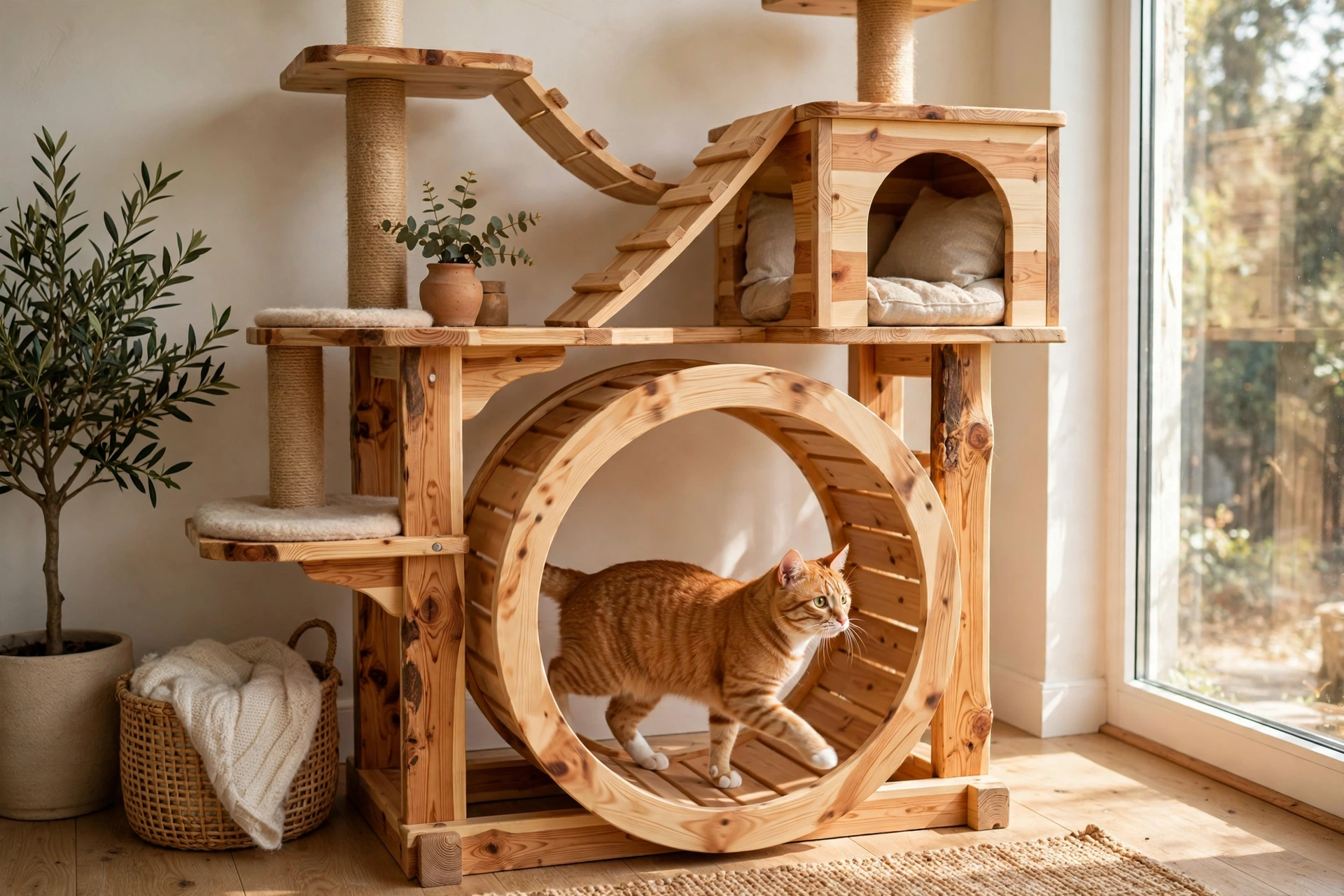 Natural pine cat tree house with a large built-in cat exercise wheel