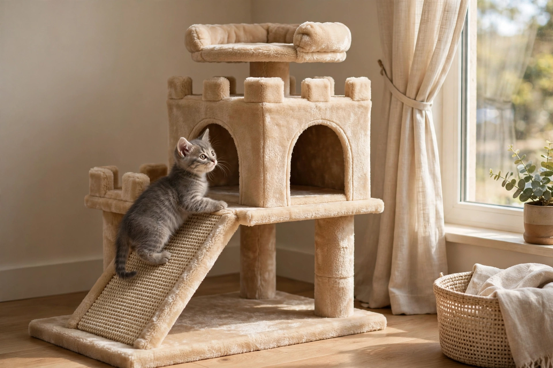 Beige plush cat tree castle with a climbing ramp and condo box