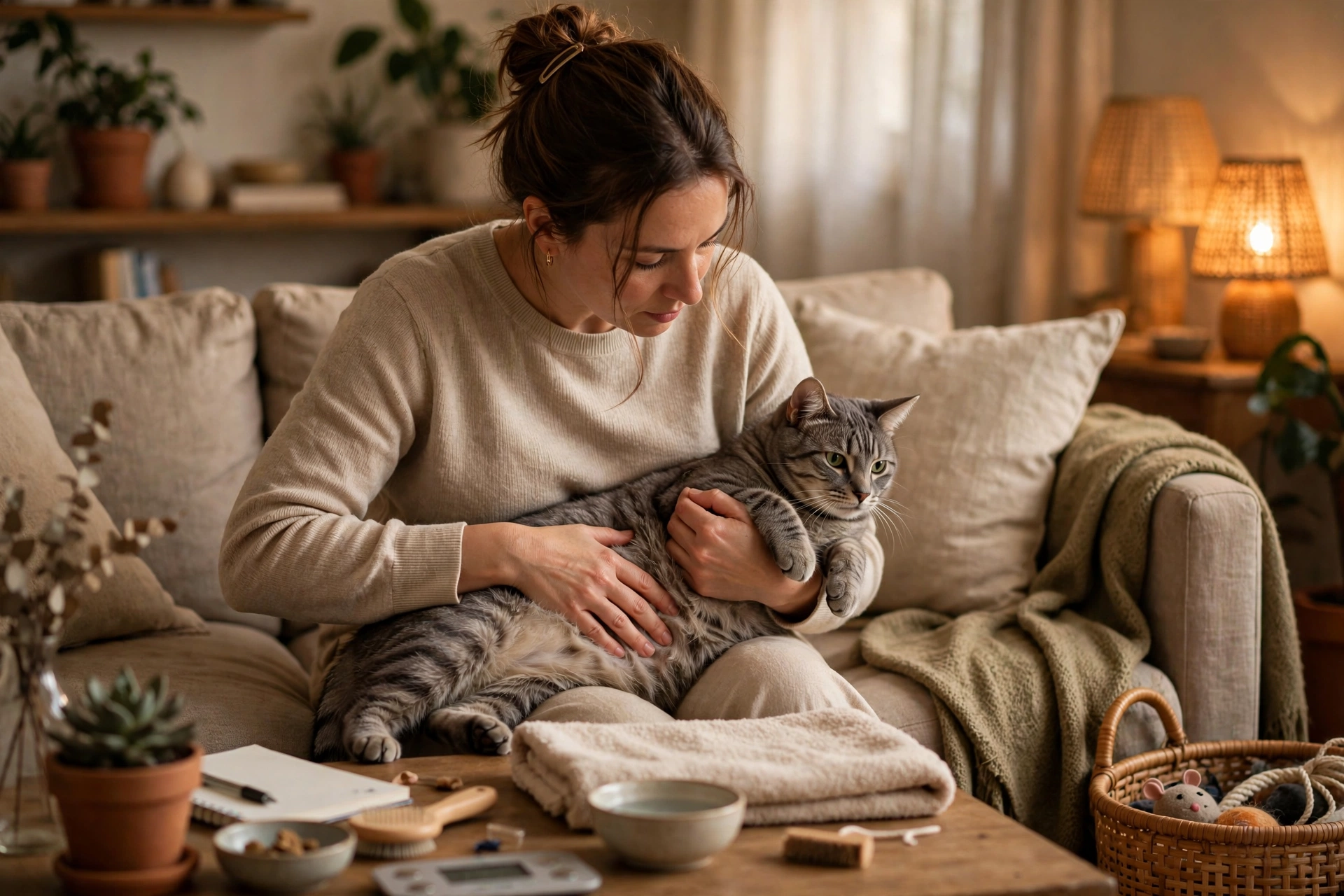Owner gently checking a cat's body condition at home