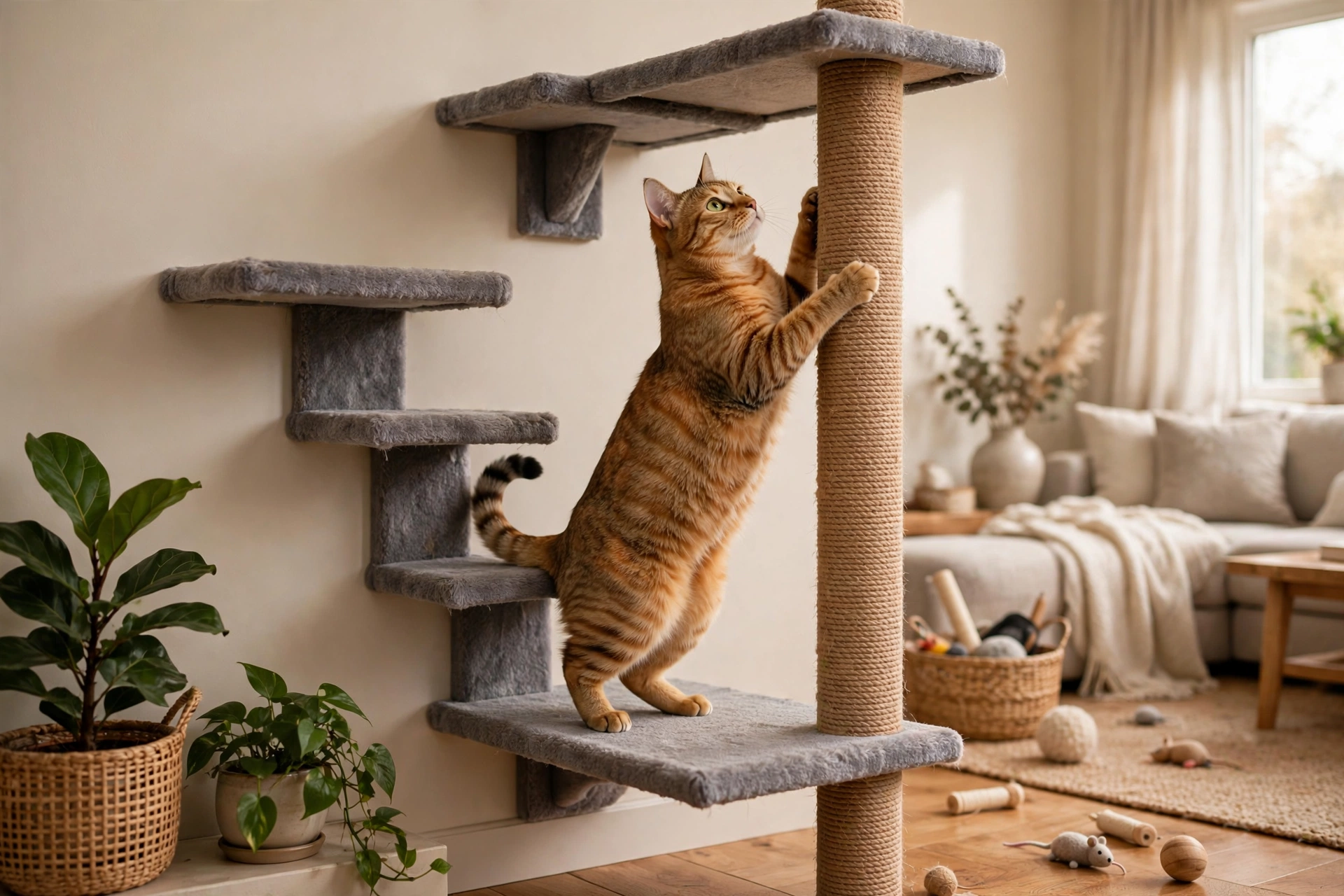 Cat climbing wall-mounted shelves and a sisal scratching post indoors