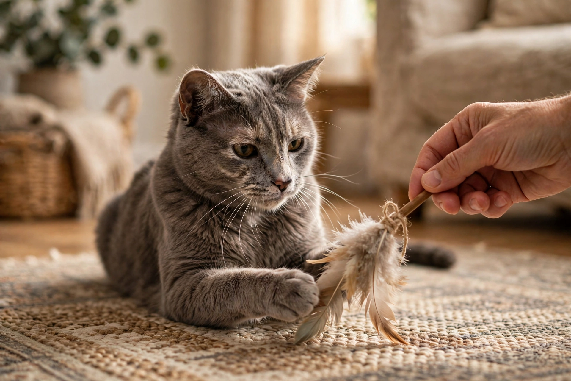 Senior cat playing gently with a soft feather toy on a rug