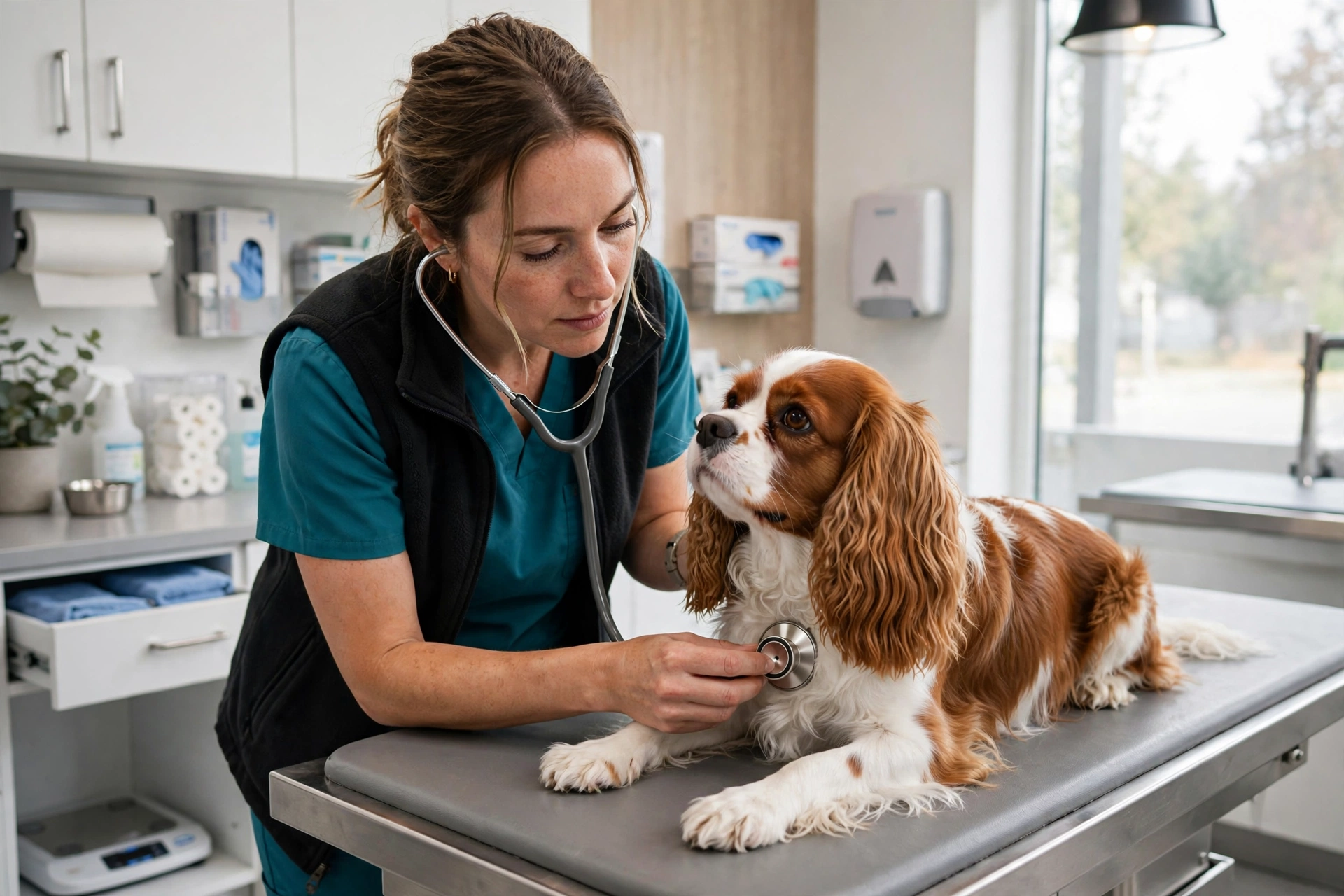 Veterinarian listening to a Cavalier King Charles Spaniel's heart with a stethoscope