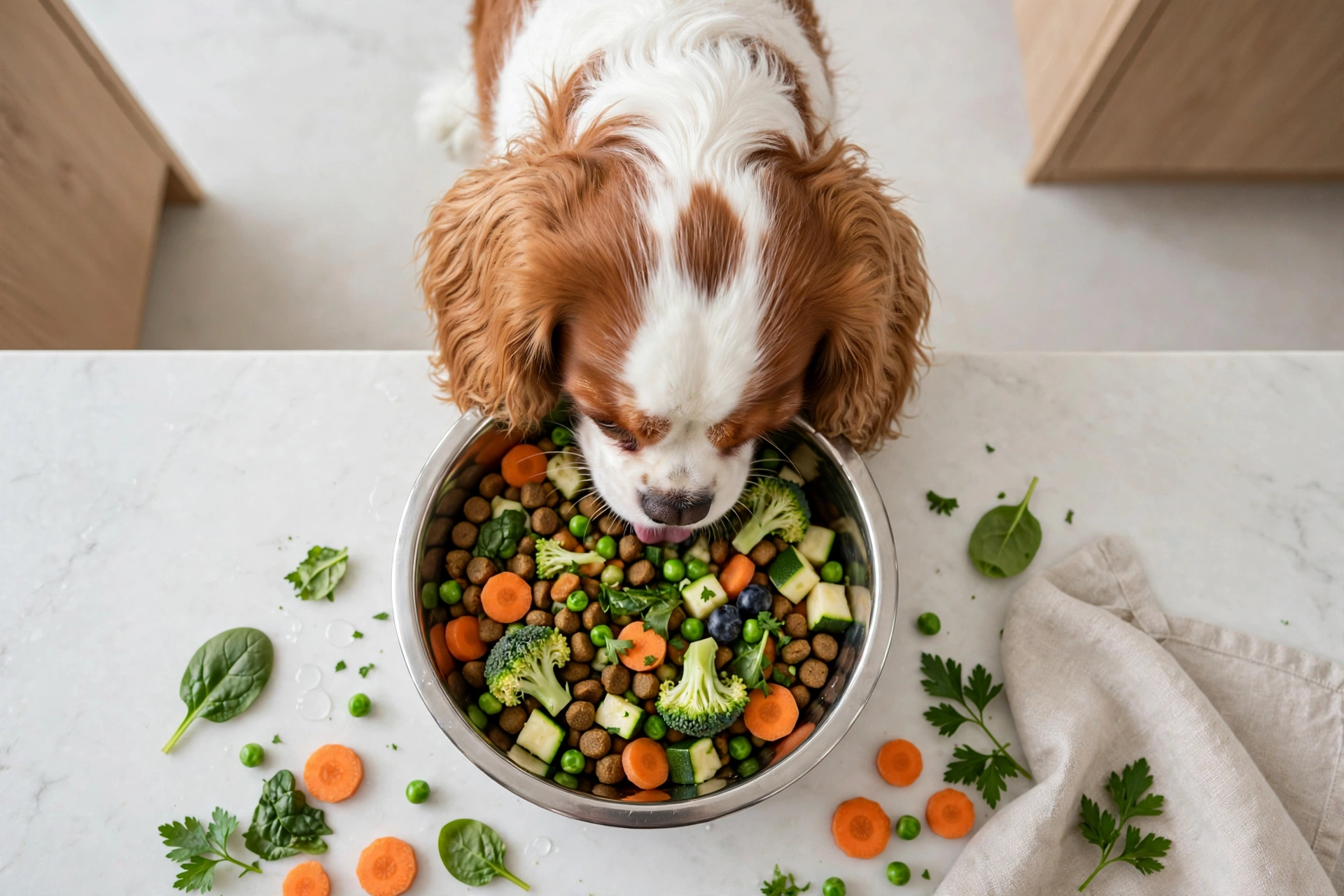 Cavalier King Charles Spaniel eating healthy fresh food from a bowl