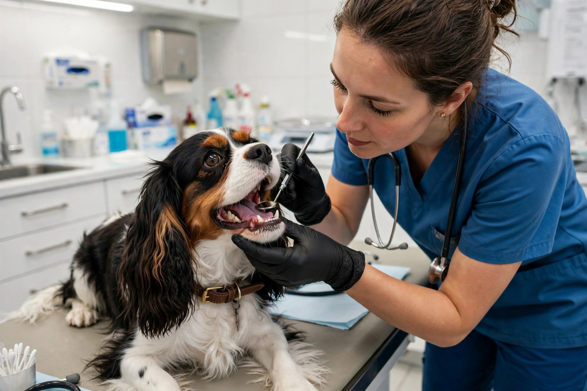 Vet performing a dental and health checkup on a Cavalier King Charles Spaniel