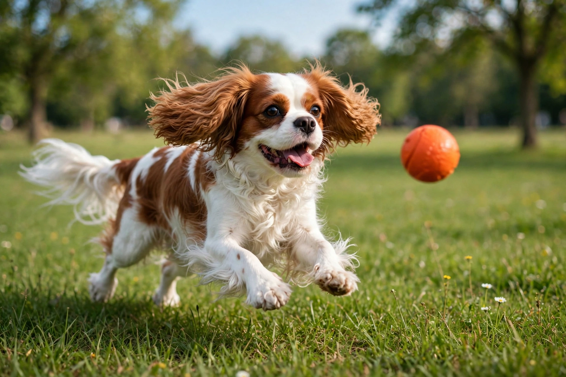 Cavalier King Charles Spaniel running and fetching a ball in a park