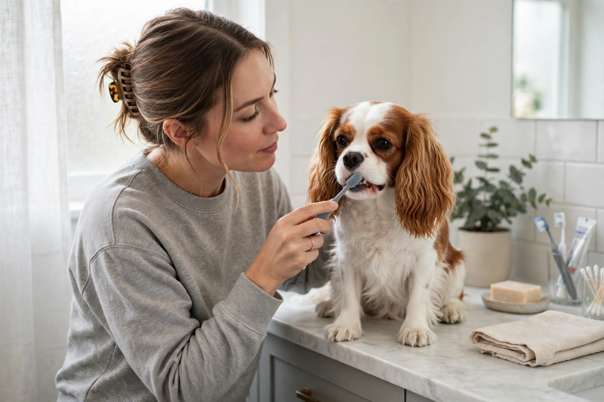 Owner gently brushing a Cavalier King Charles Spaniel's teeth with a dog toothbrush
