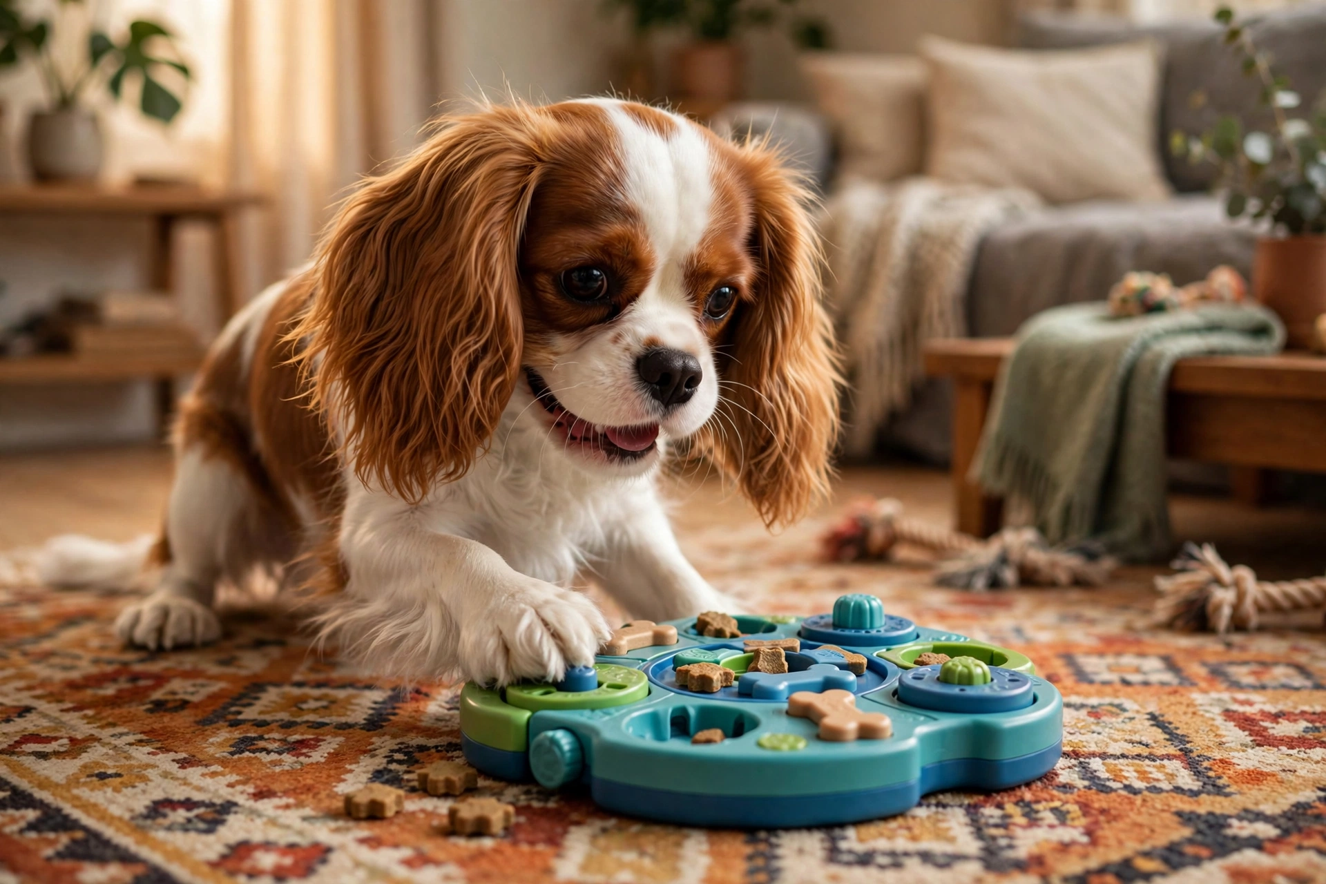 Cavalier King Charles Spaniel playing with an interactive treat puzzle toy on a rug