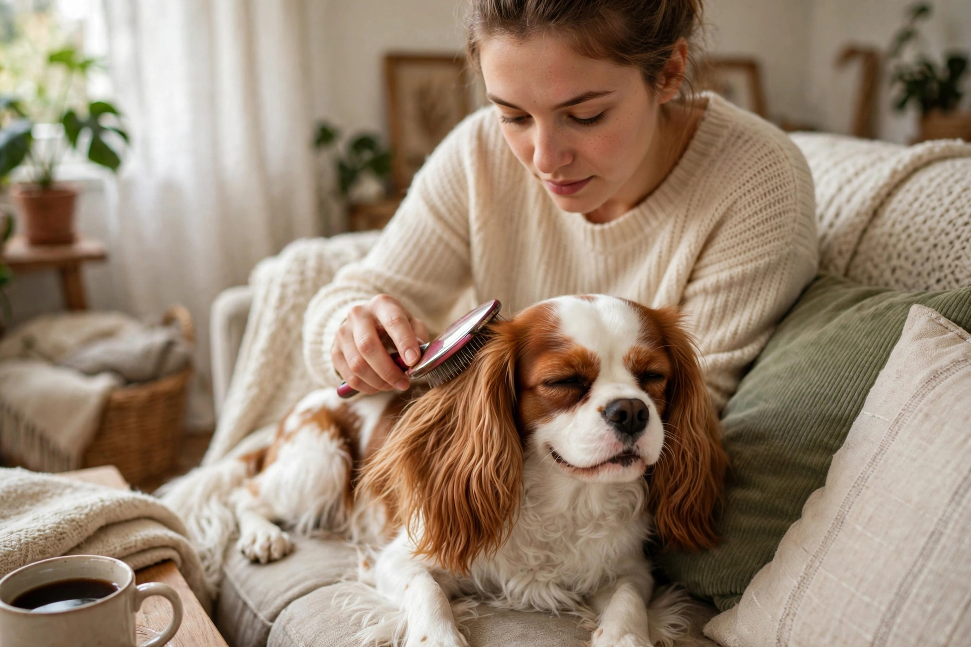 Person gently brushing a Cavalier King Charles Spaniel's ear on the couch