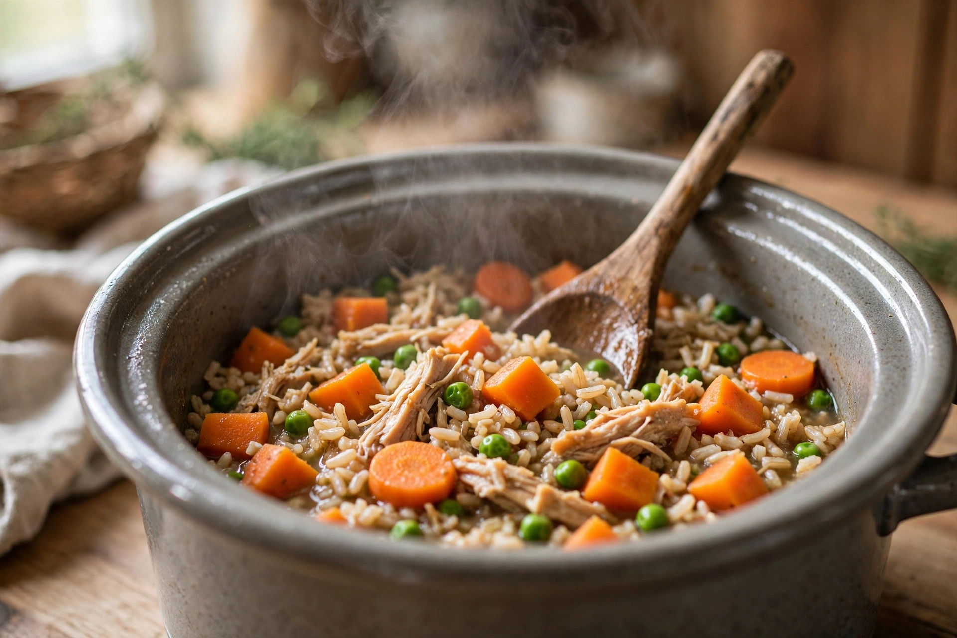 Slow cooker chicken and brown rice homemade dog food