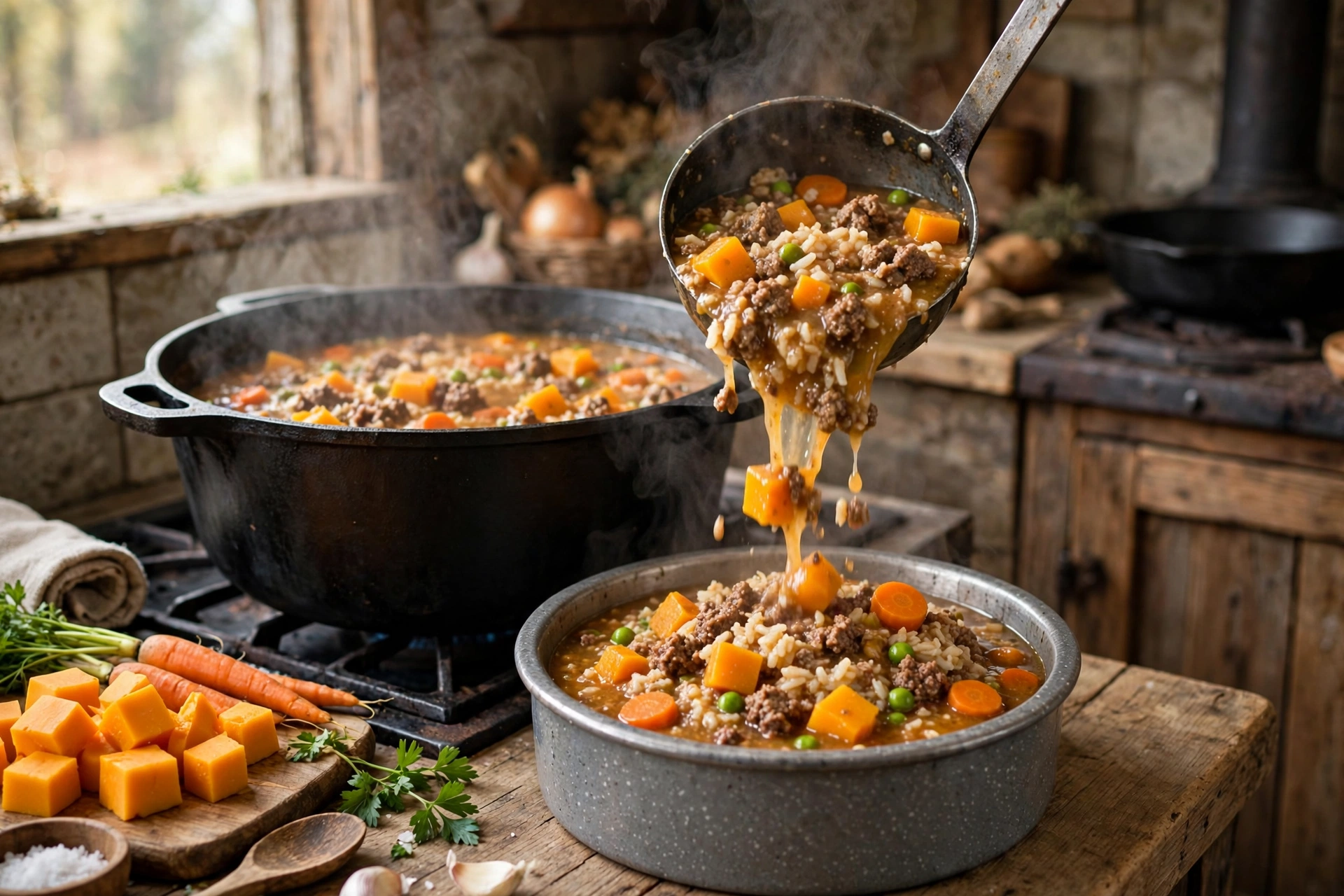 Pot of homemade beef and squash stew for dogs