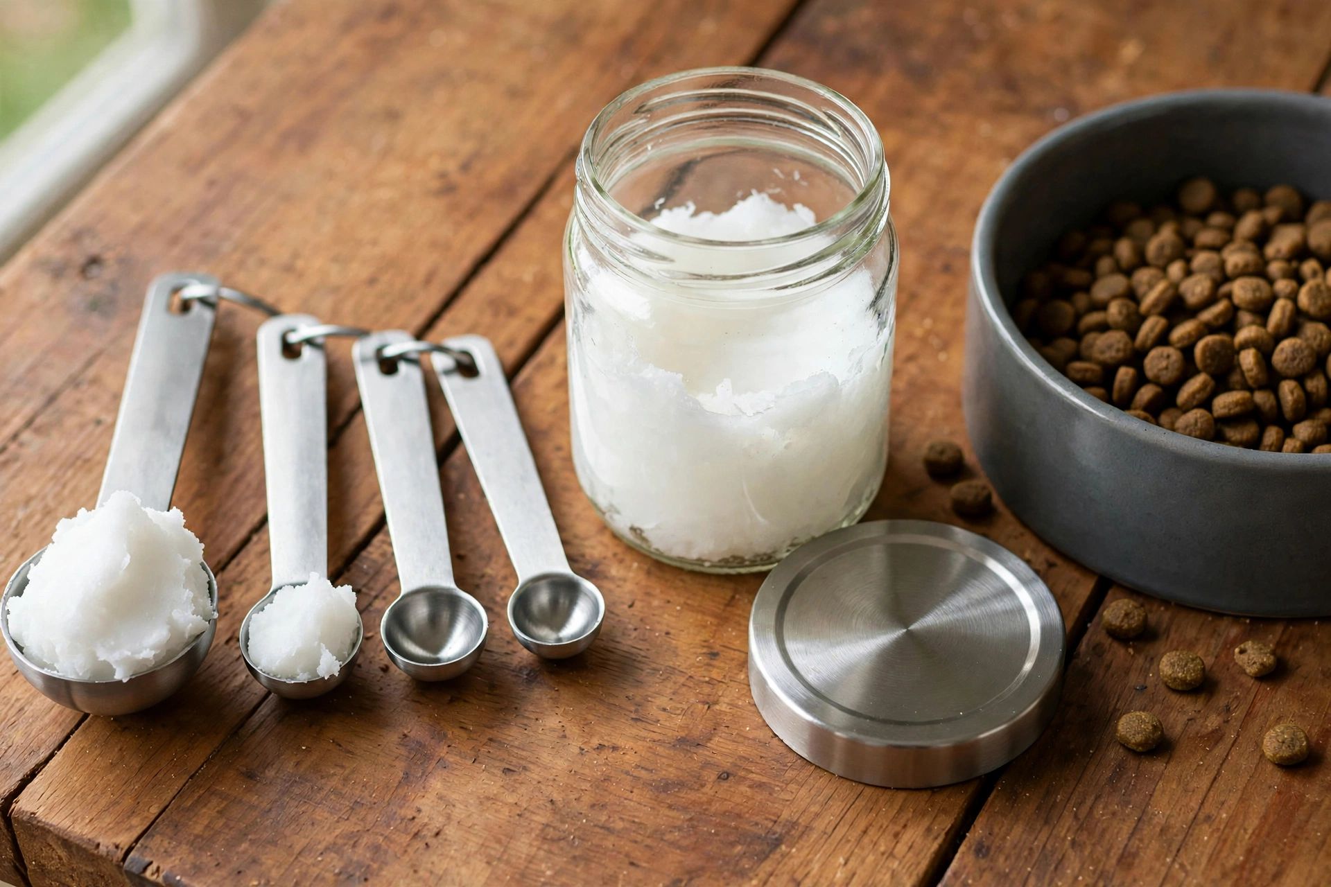 Measuring spoons next to a coconut oil jar and dog bowl