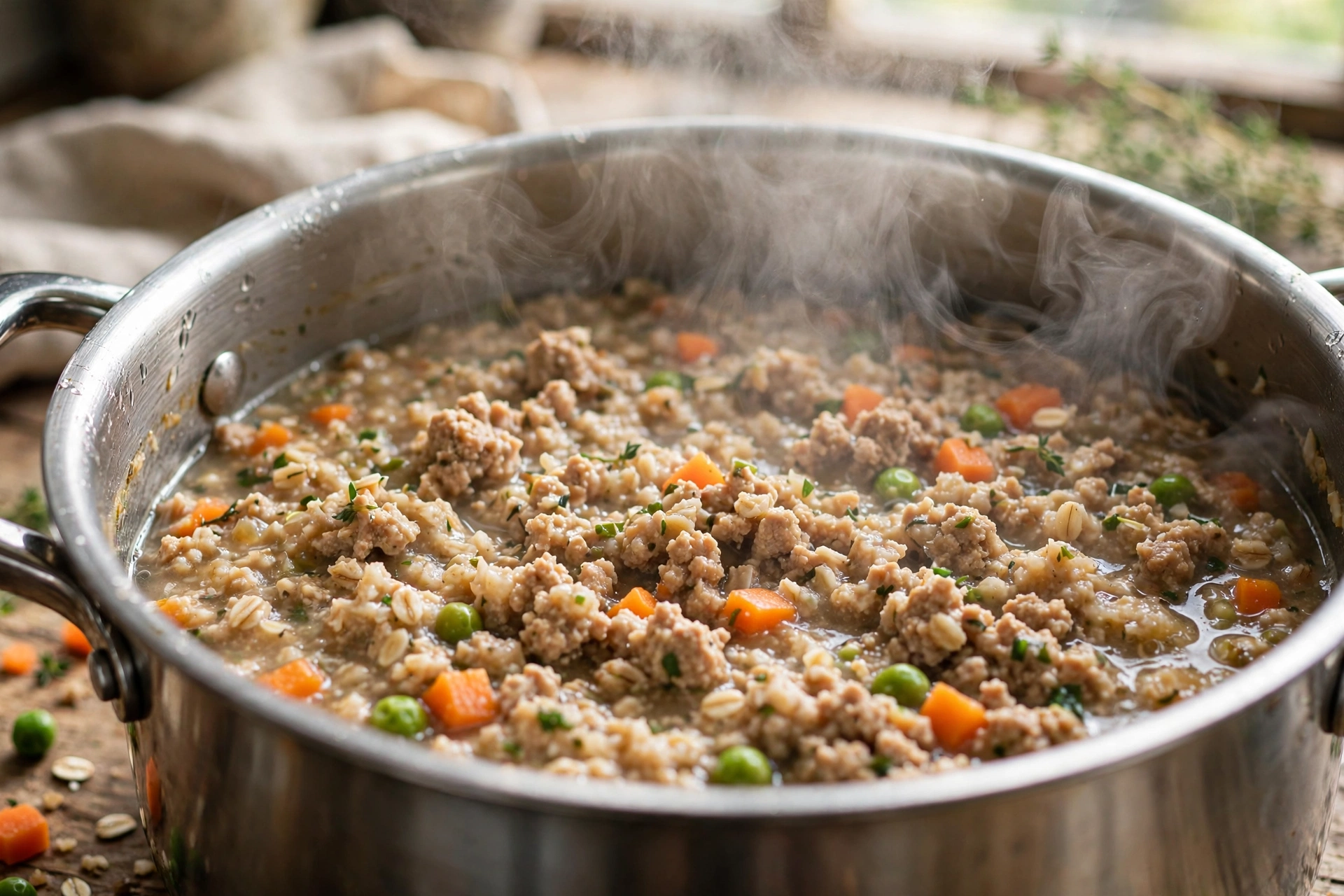 Steaming one-pot turkey and carrot dog food with oatmeal simmering in a pot