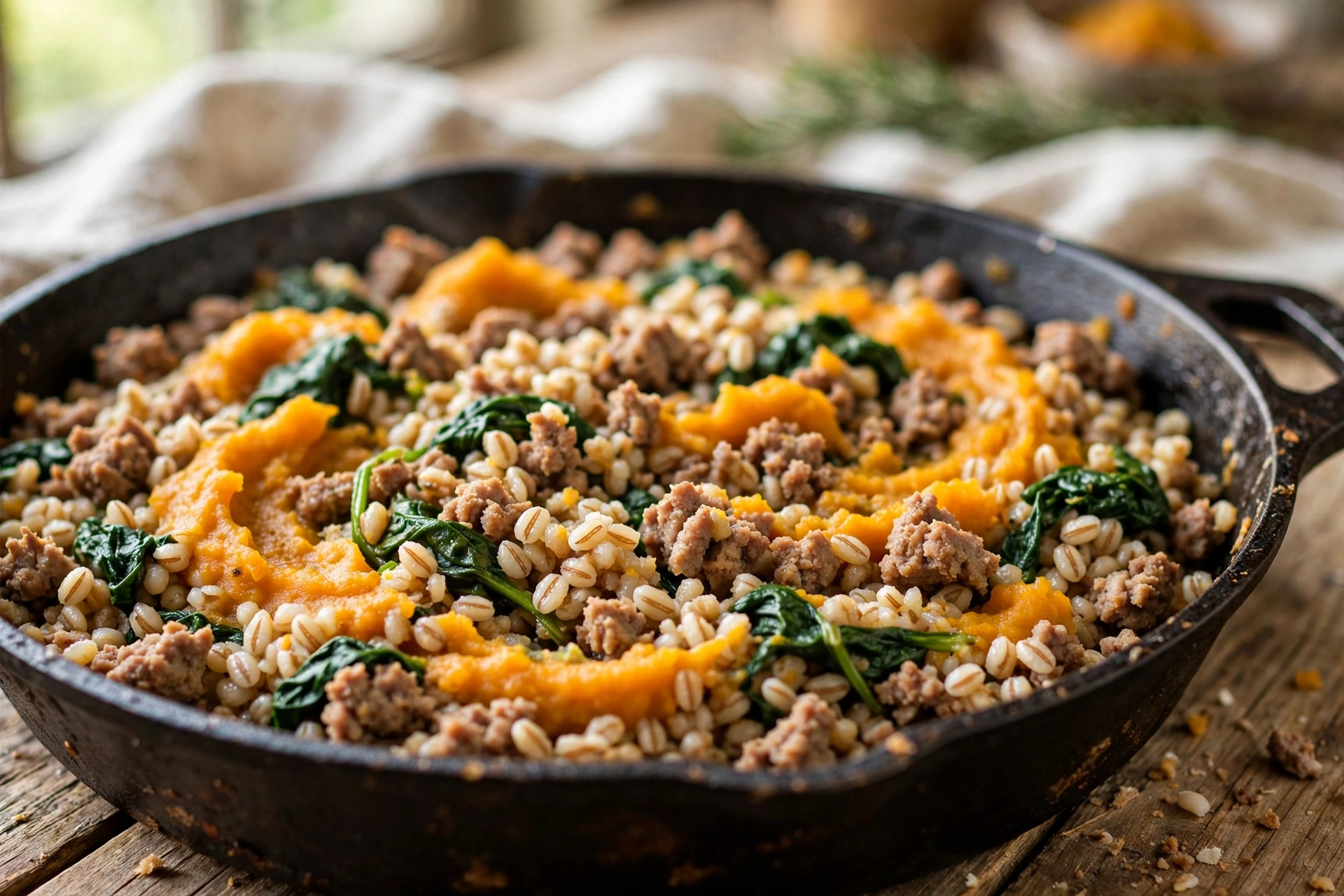 Pork and barley dog food skillet with spinach and pumpkin in a cast iron pan