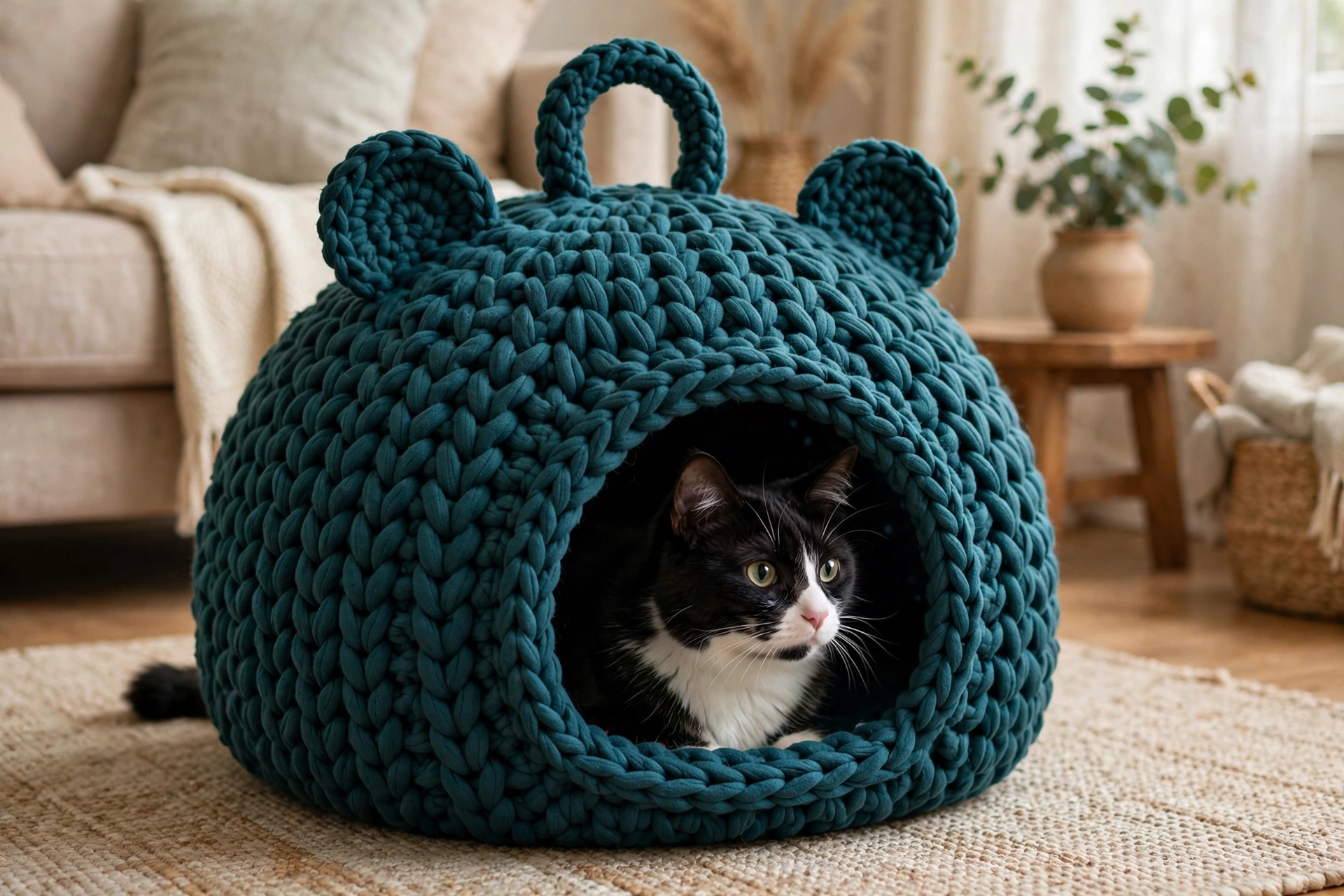 Teal crochet cat cave with small round bear ears and a loop handle