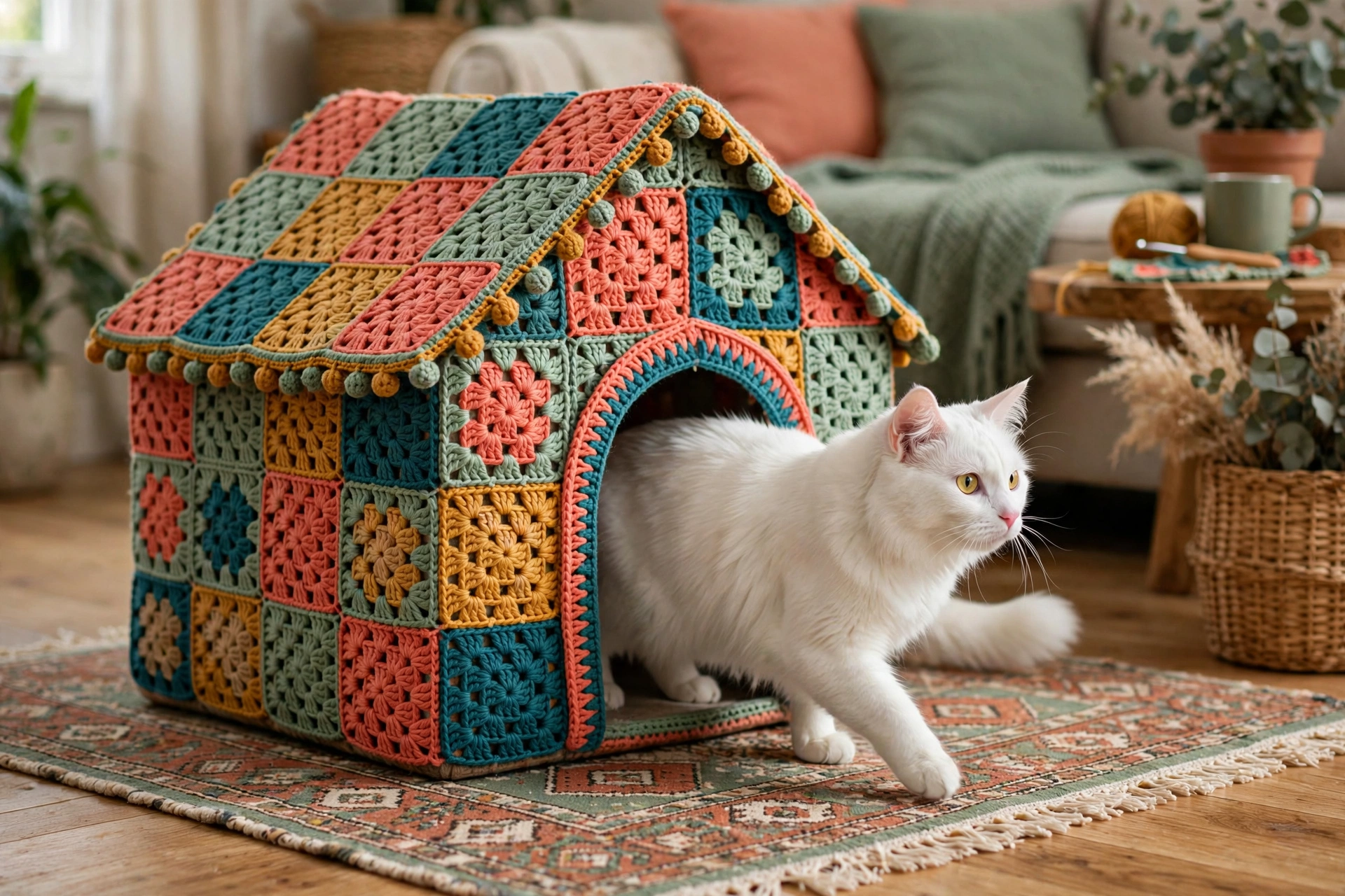 Colorful crochet cat house made of granny squares in coral, teal, mustard, and sage