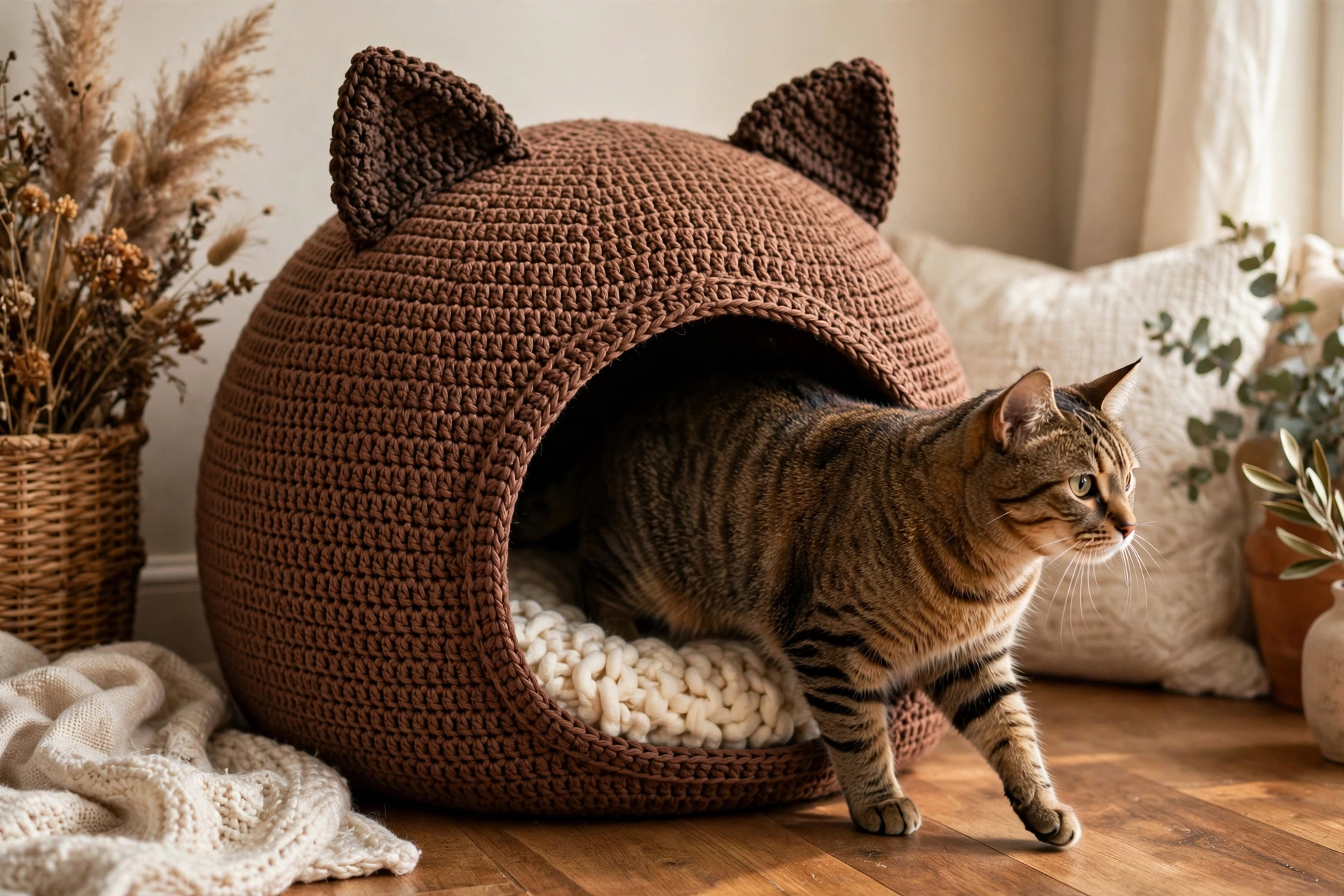 Espresso brown crochet cat-head cave with ears and chunky knit cushion inside