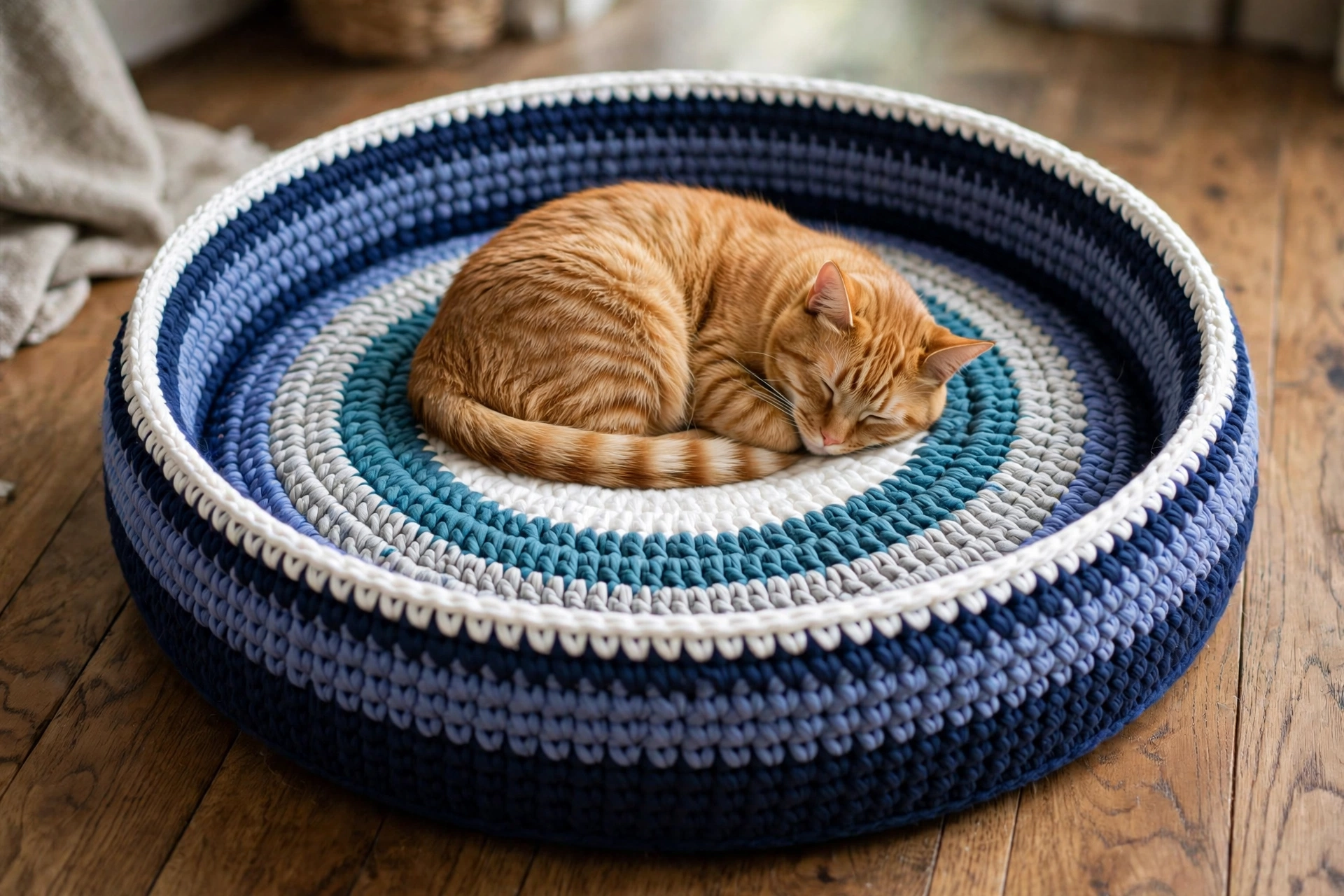 Round crochet pet bed with concentric navy, blue, gray, teal, and white stripes