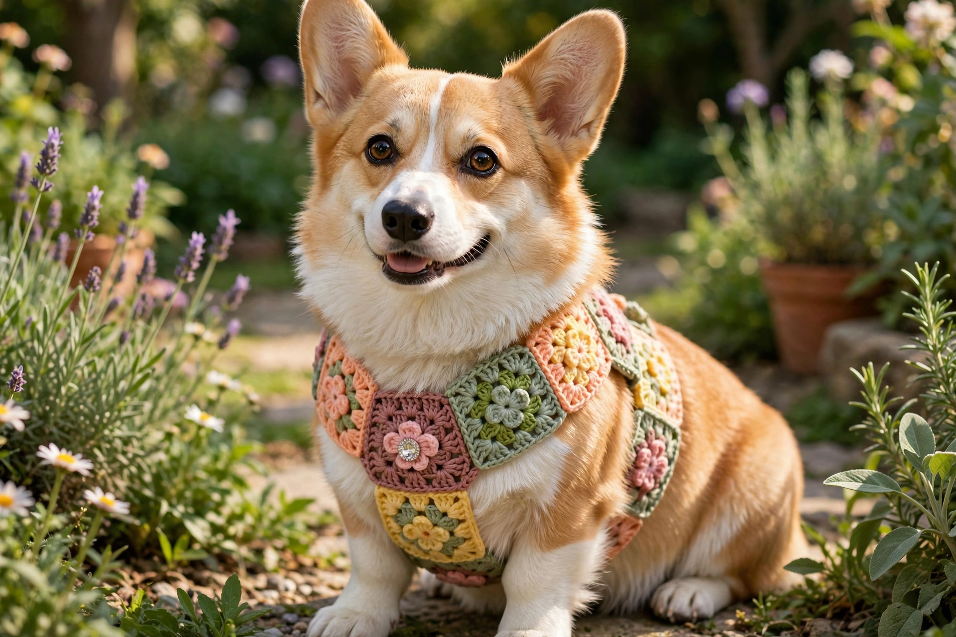 Corgi wearing a colorful floral granny square crochet dog harness with rhinestone button