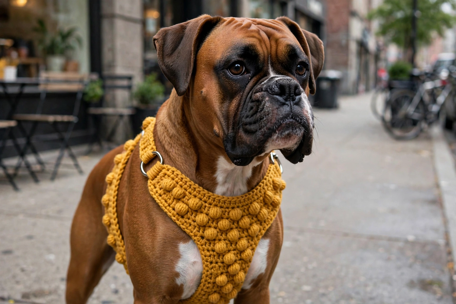 Boxer wearing a mustard yellow bobble stitch crochet dog harness