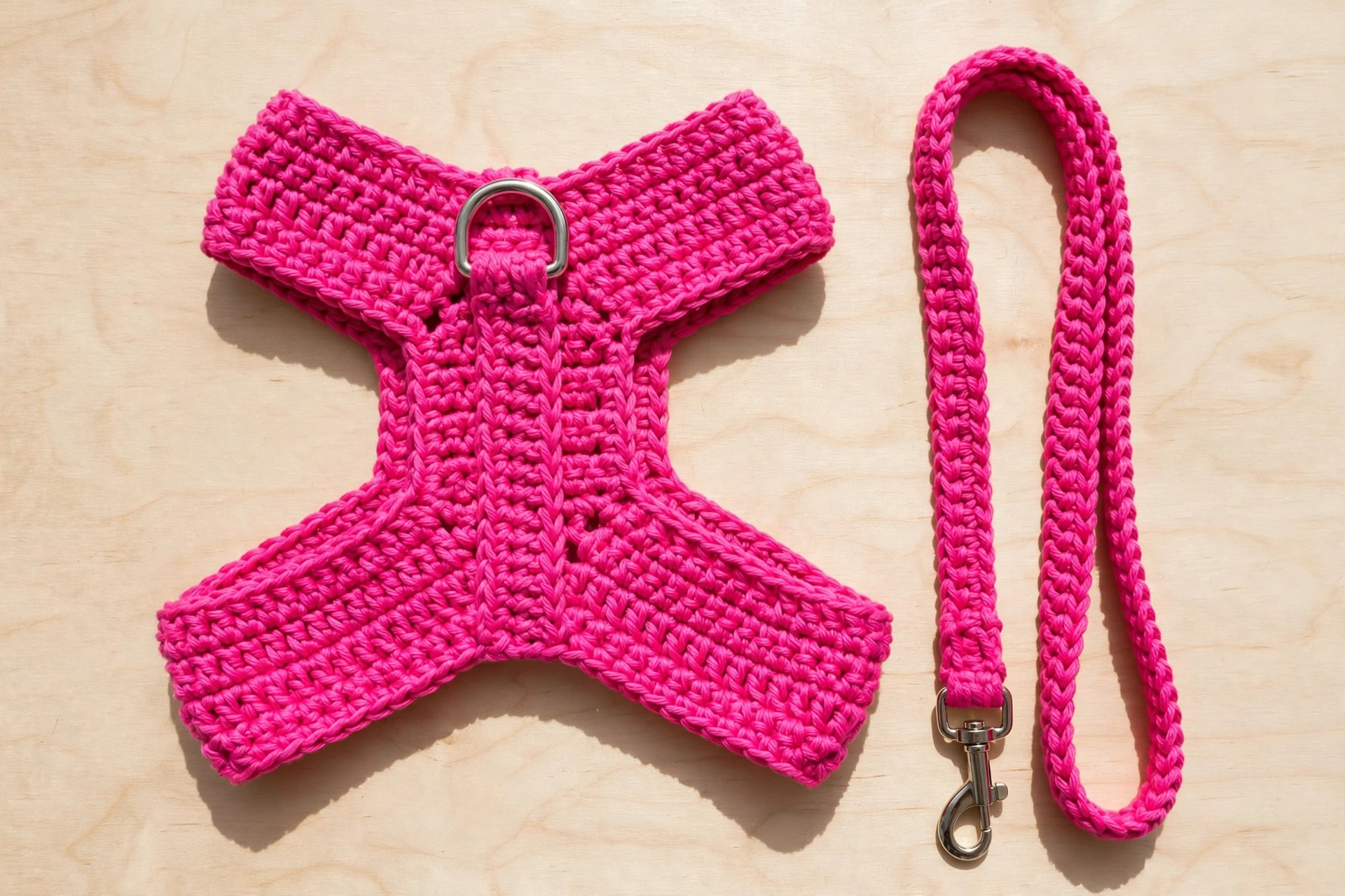 Hot pink crochet step-in dog harness laid flat with silver D-ring