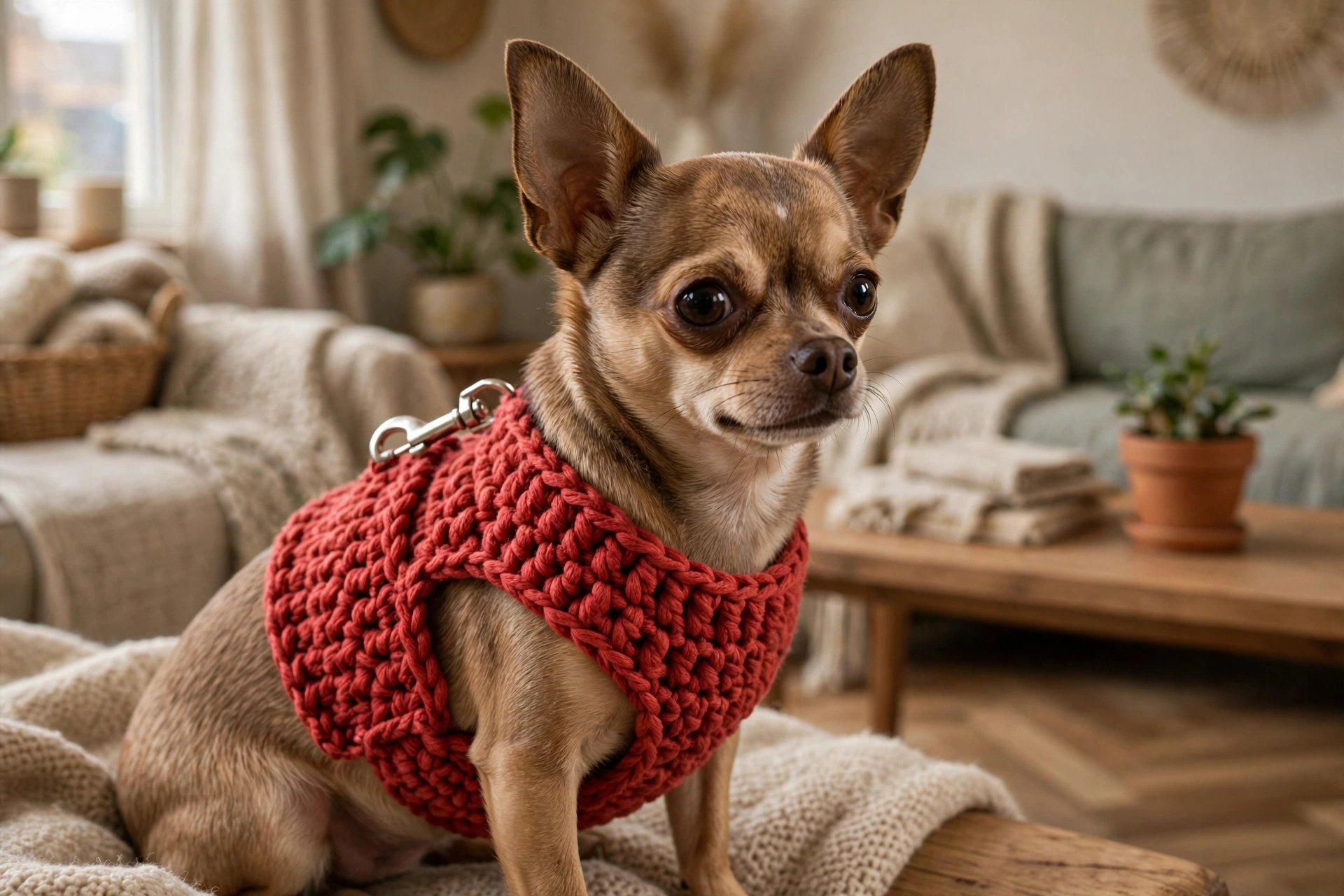 Tiny chihuahua wearing a red hand-crocheted vest-style dog harness