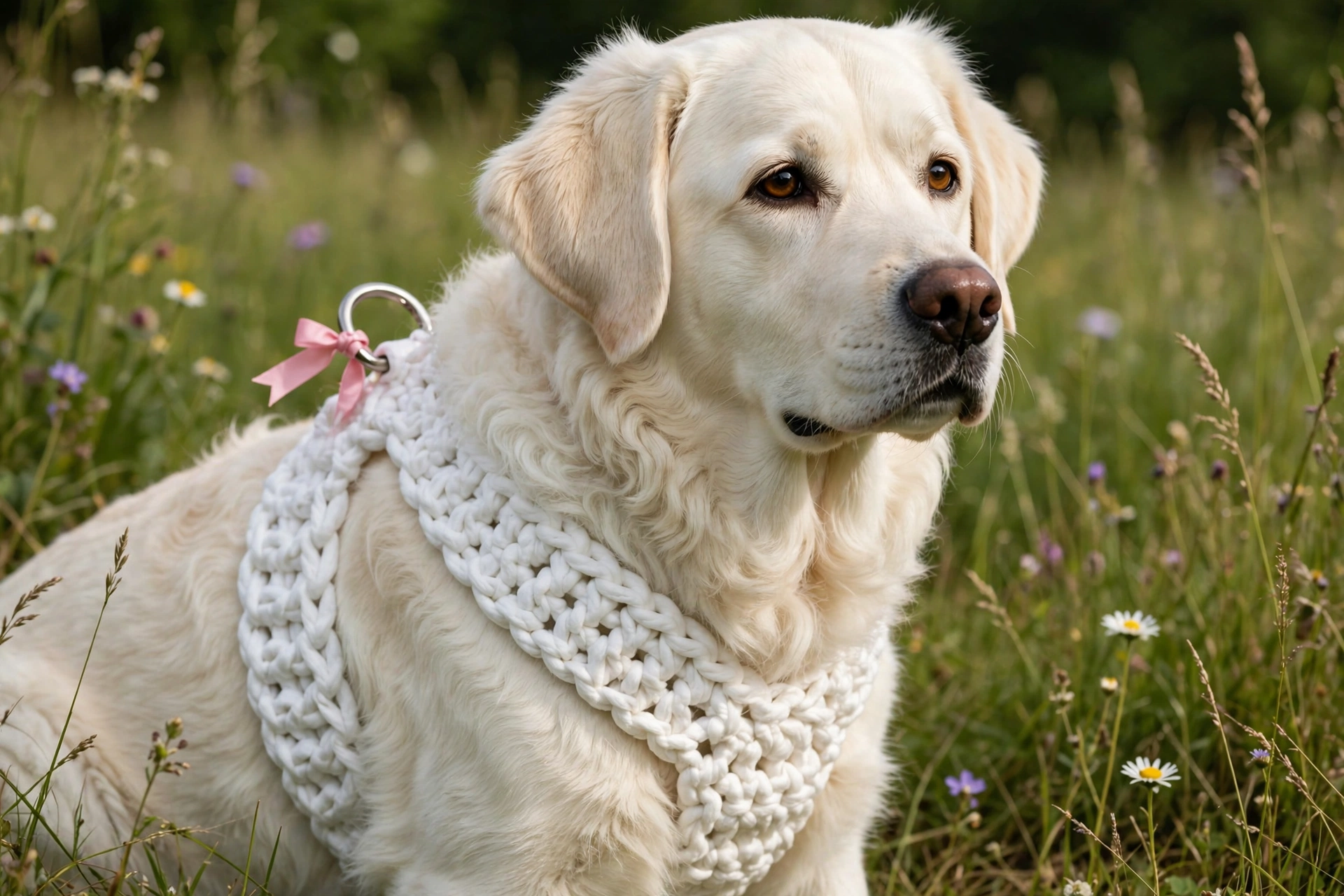Labrador wearing a white chunky crochet step-in dog harness with pink ribbon