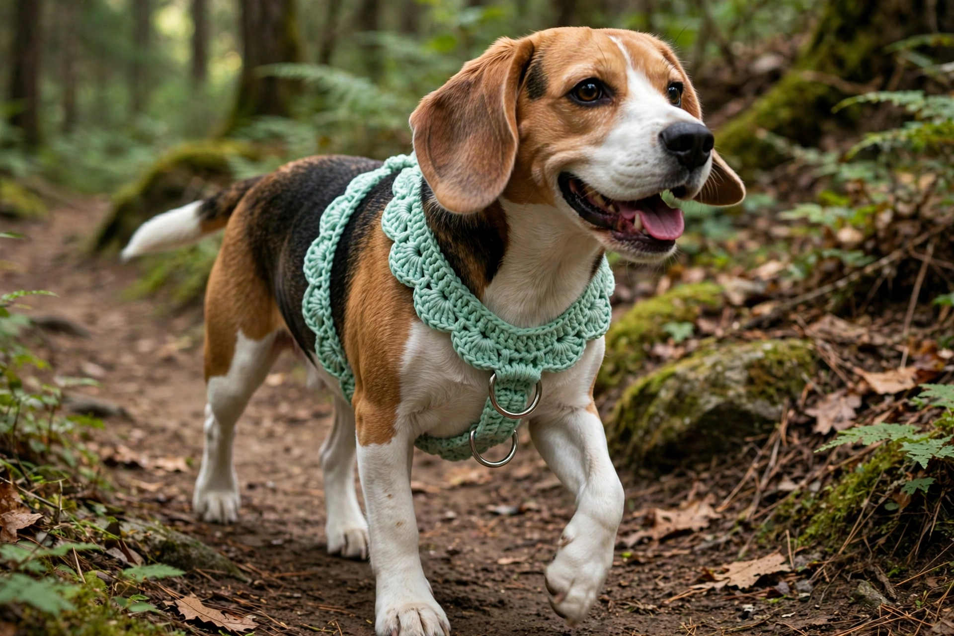 Beagle wearing a mint green shell stitch crochet dog harness on a trail