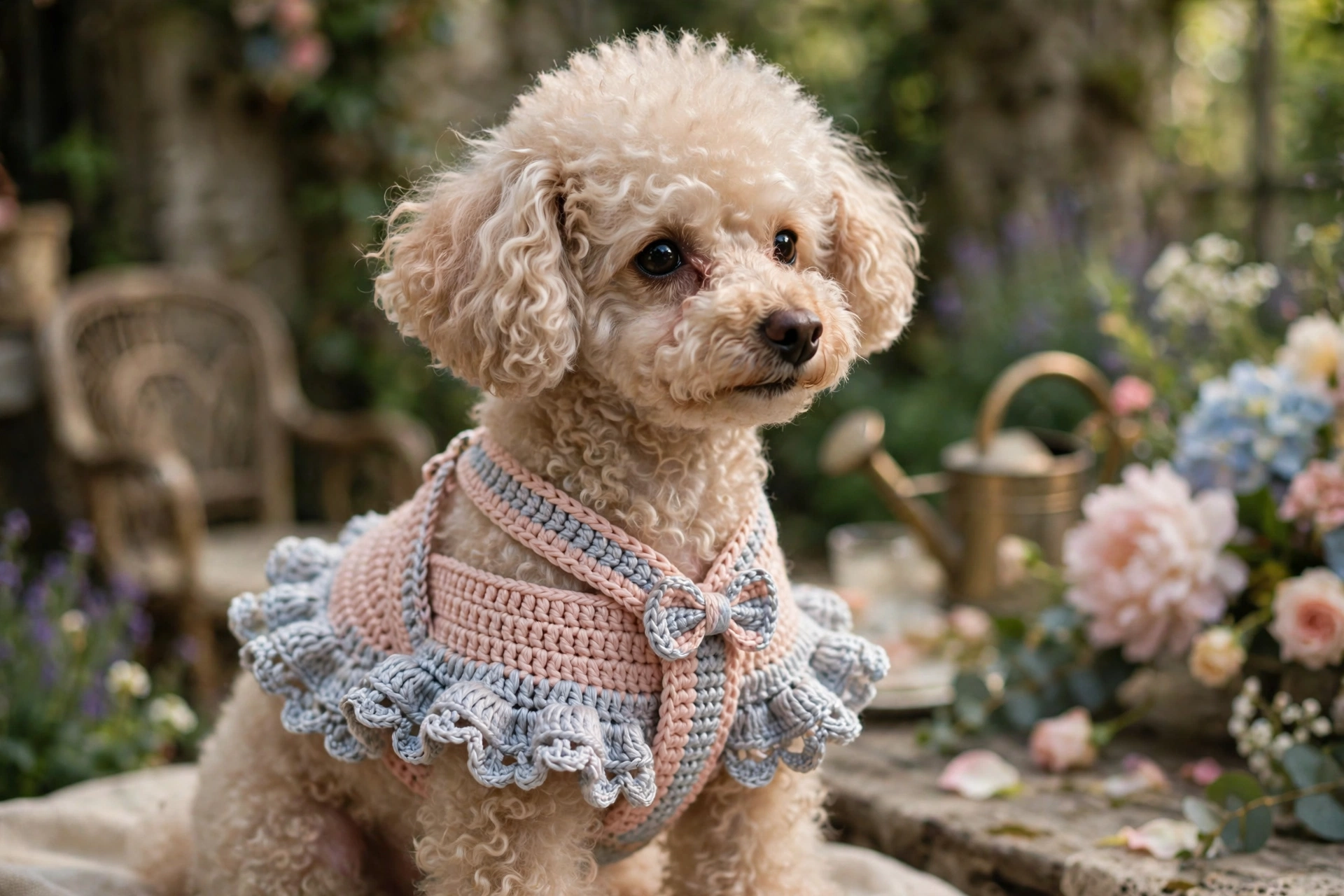 Poodle wearing a blush pink and blue two-tone crochet harness with ruffle trim