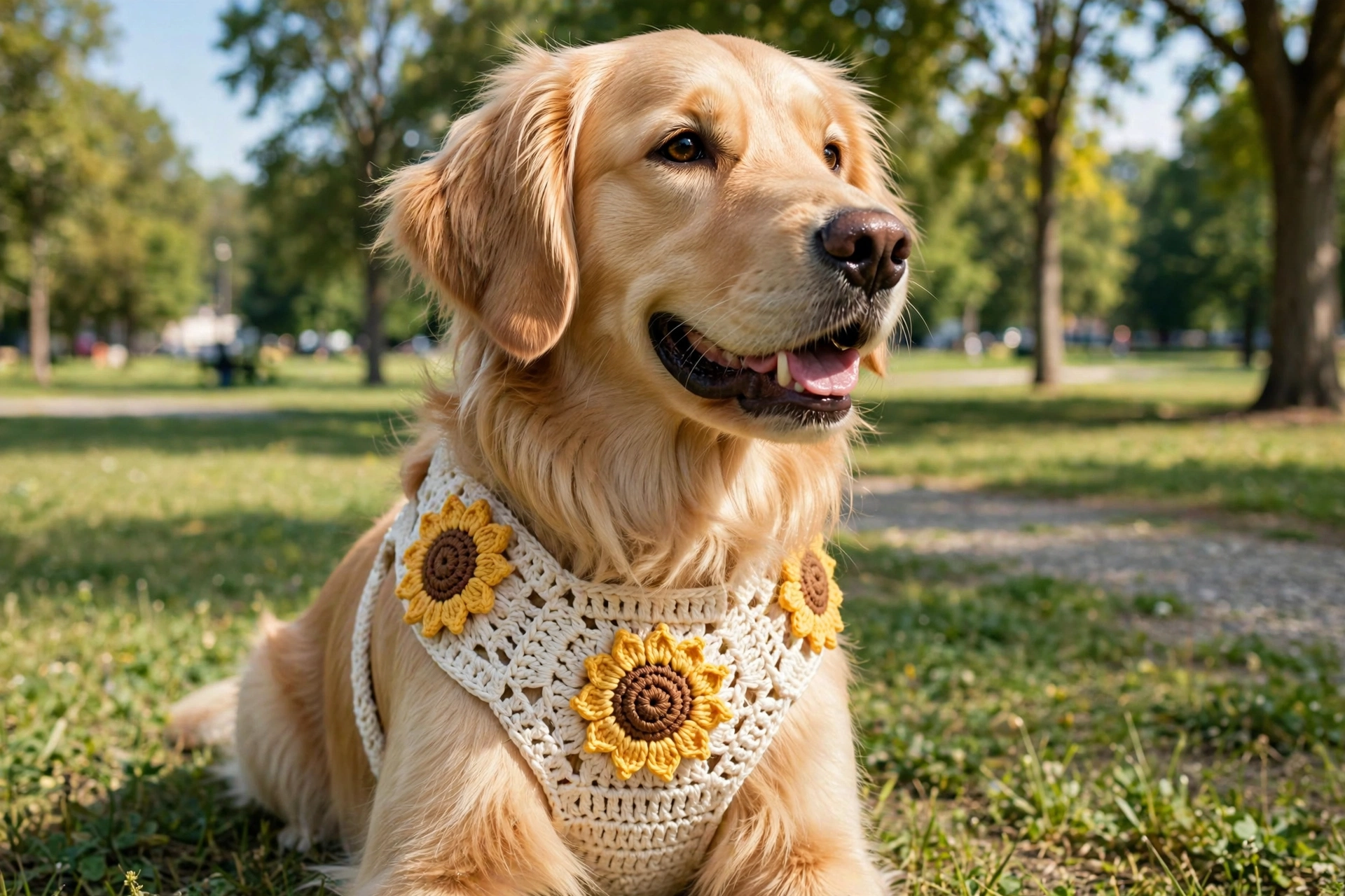 Golden retriever wearing a white crochet harness with sunflower appliques