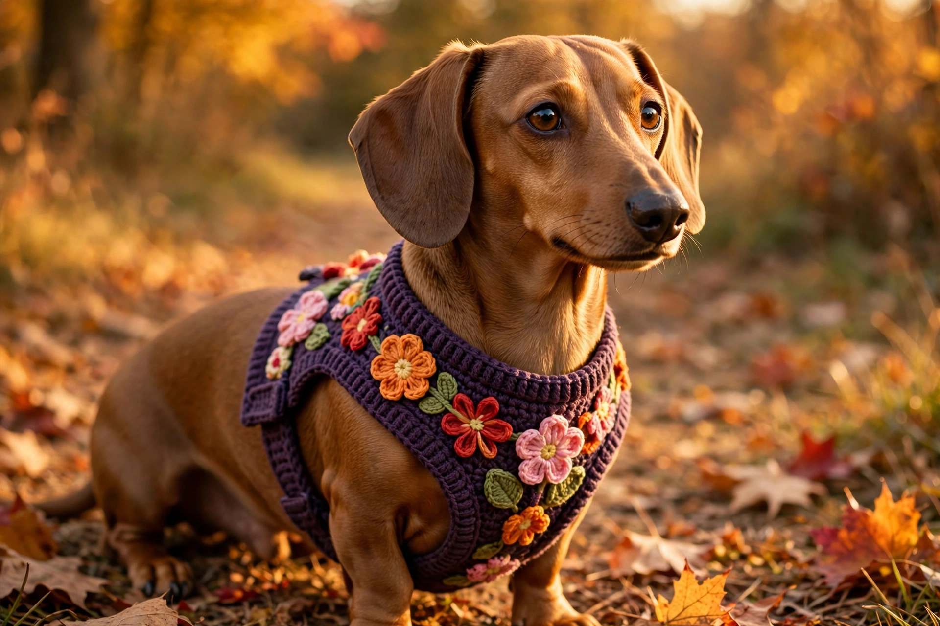 Dachshund wearing an autumn floral crochet vest harness in orange and red