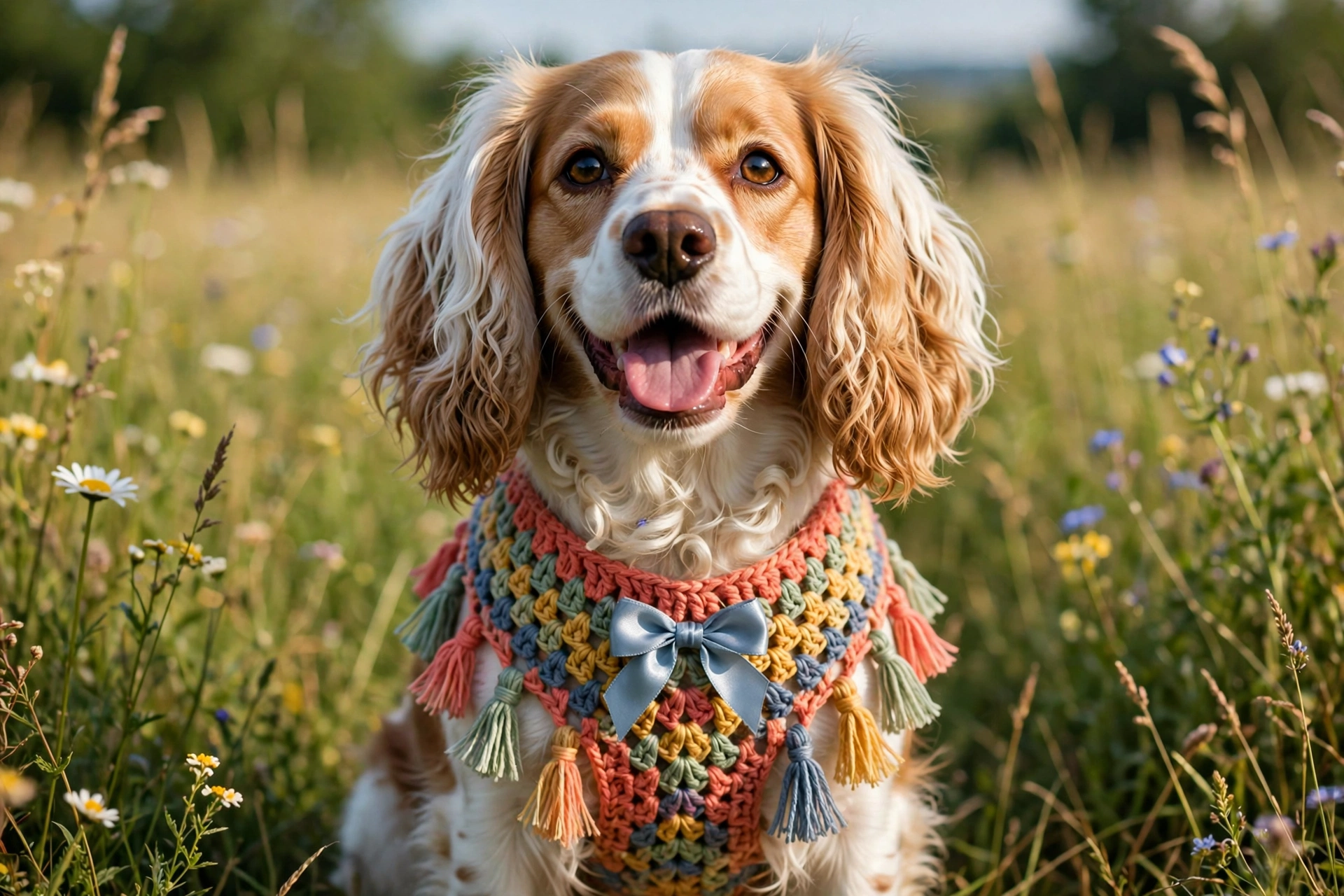 Spaniel wearing a rainbow variegated crochet harness with satin bow
