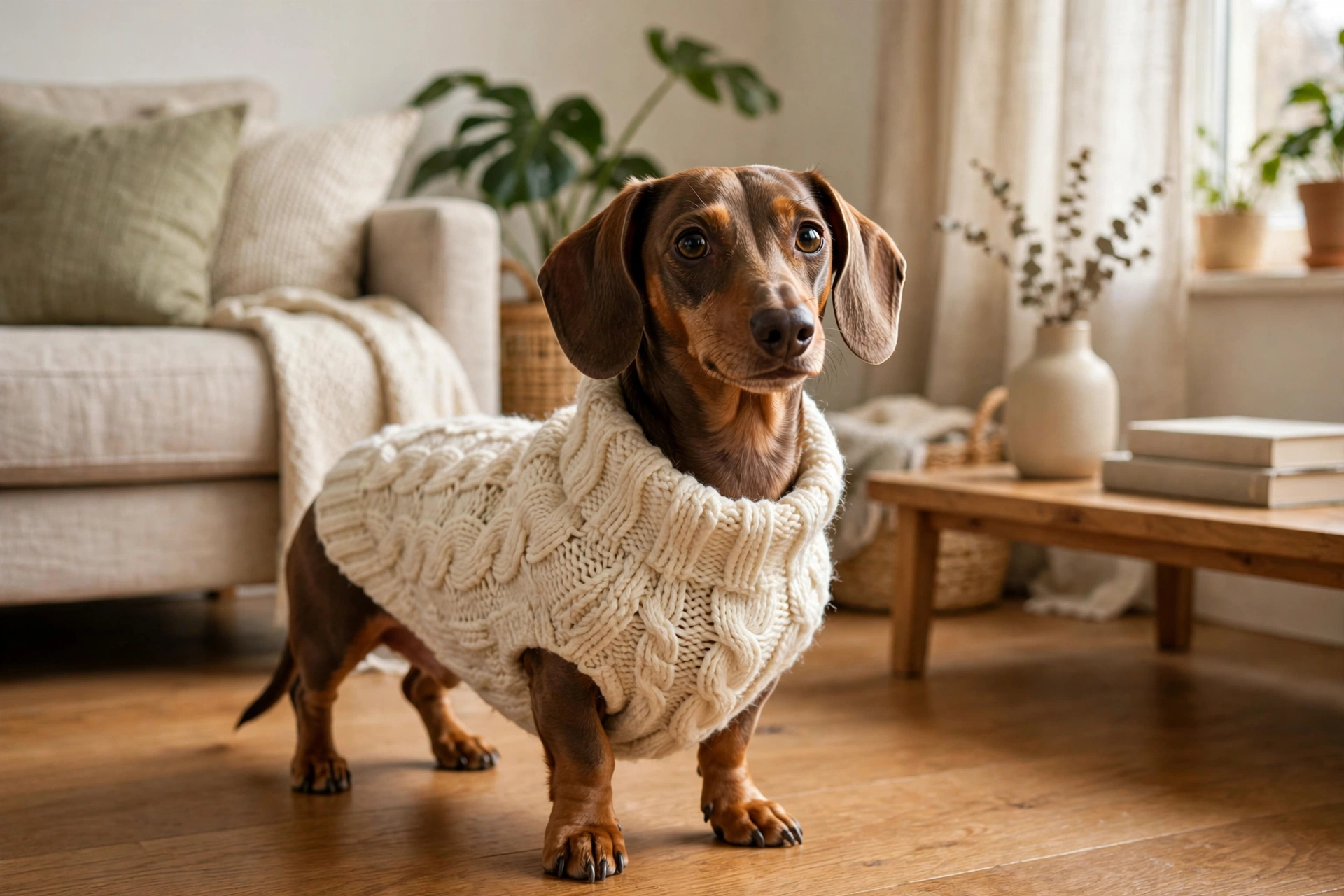 Small dog wearing a chunky cream cable-knit sweater in a cozy living room