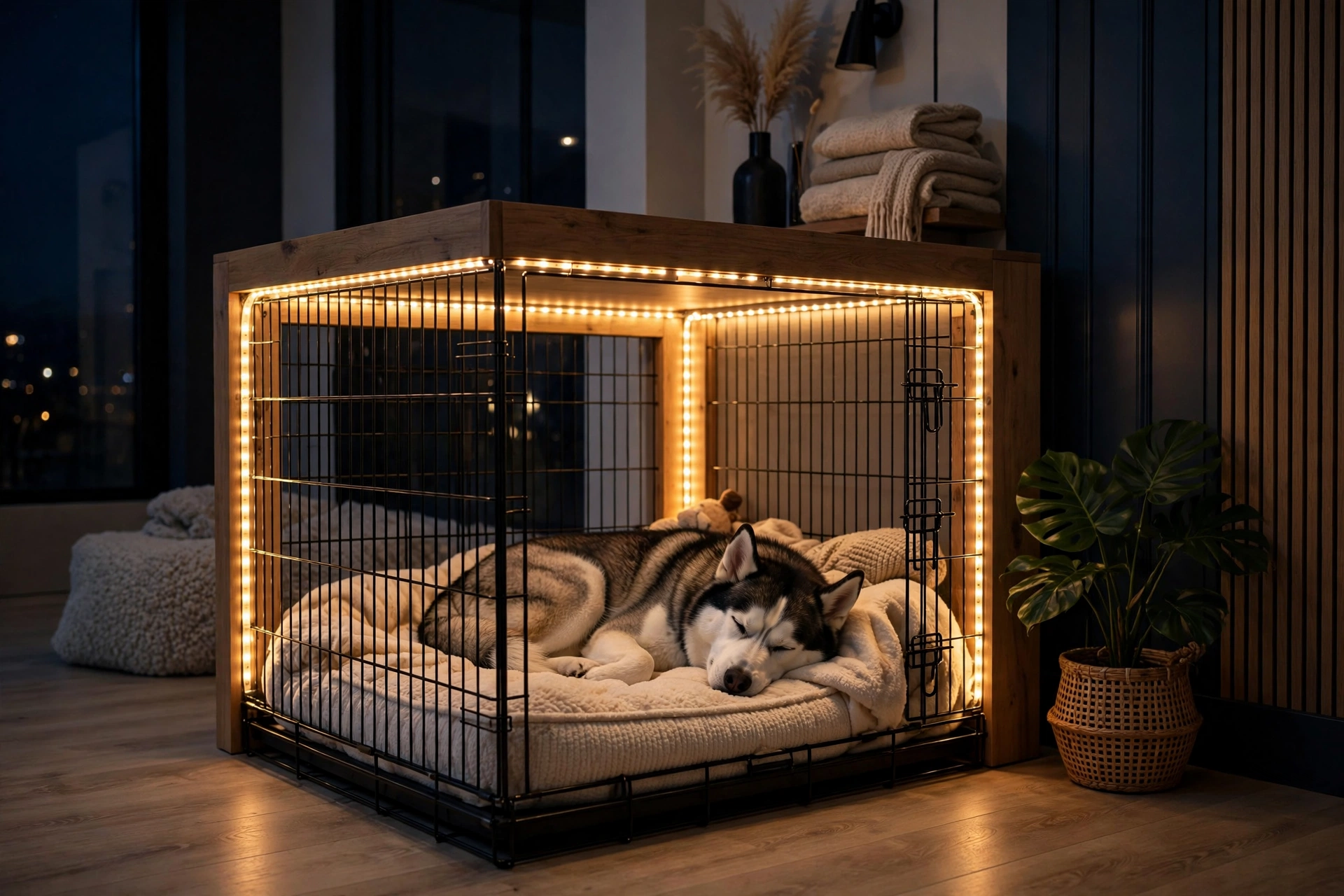 Cozy indoor dog crate corner at night with warm LED strip lights glowing and a husky sleeping inside