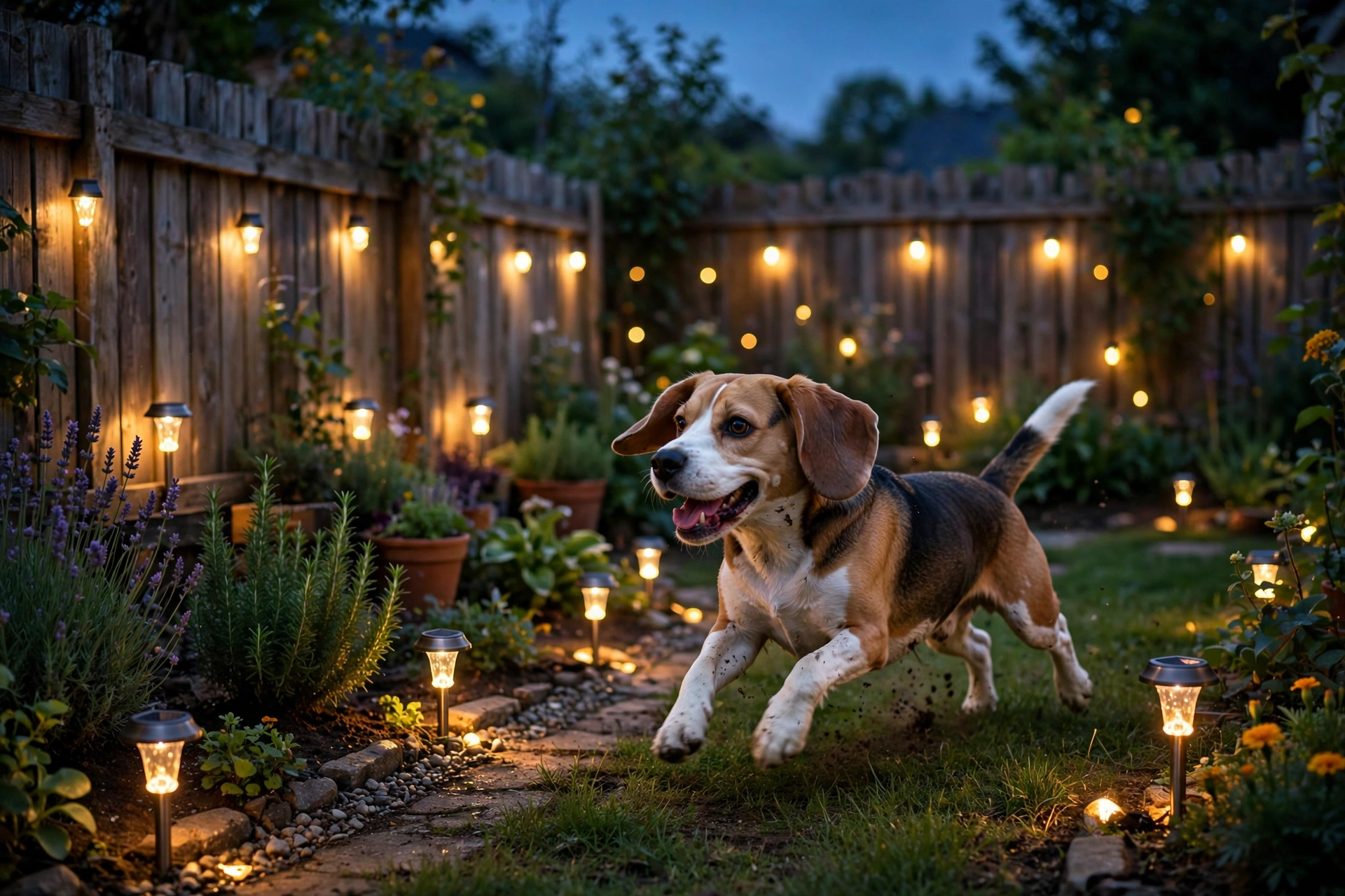 Beagle playing in a backyard garden at dusk with warm solar path lights glowing around the fence
