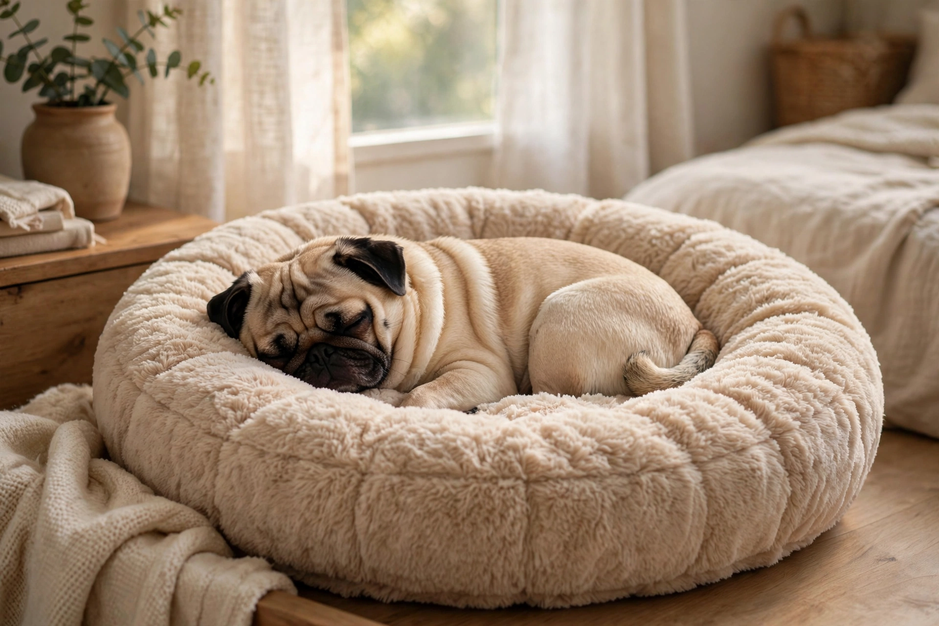 Pug curled up sleeping in a round plush donut cuddler bed in a cozy bedroom