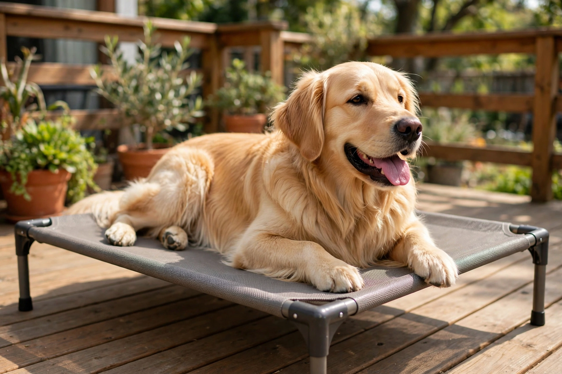 Golden retriever lounging on an elevated gray mesh pet cot on a sunny patio