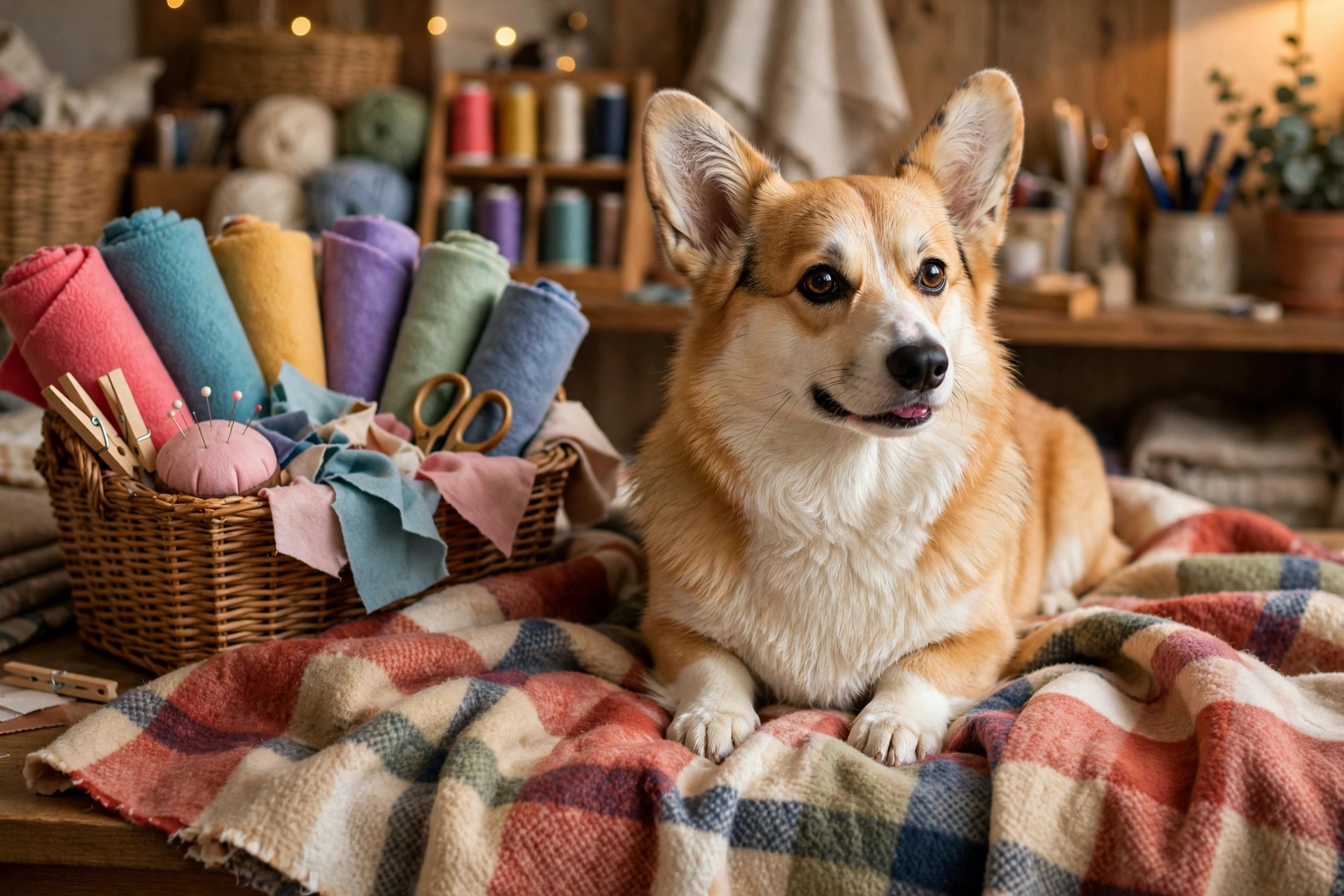 Corgi sitting on a handmade plaid fleece blanket with a sewing basket of colorful fleece fabric nearby
