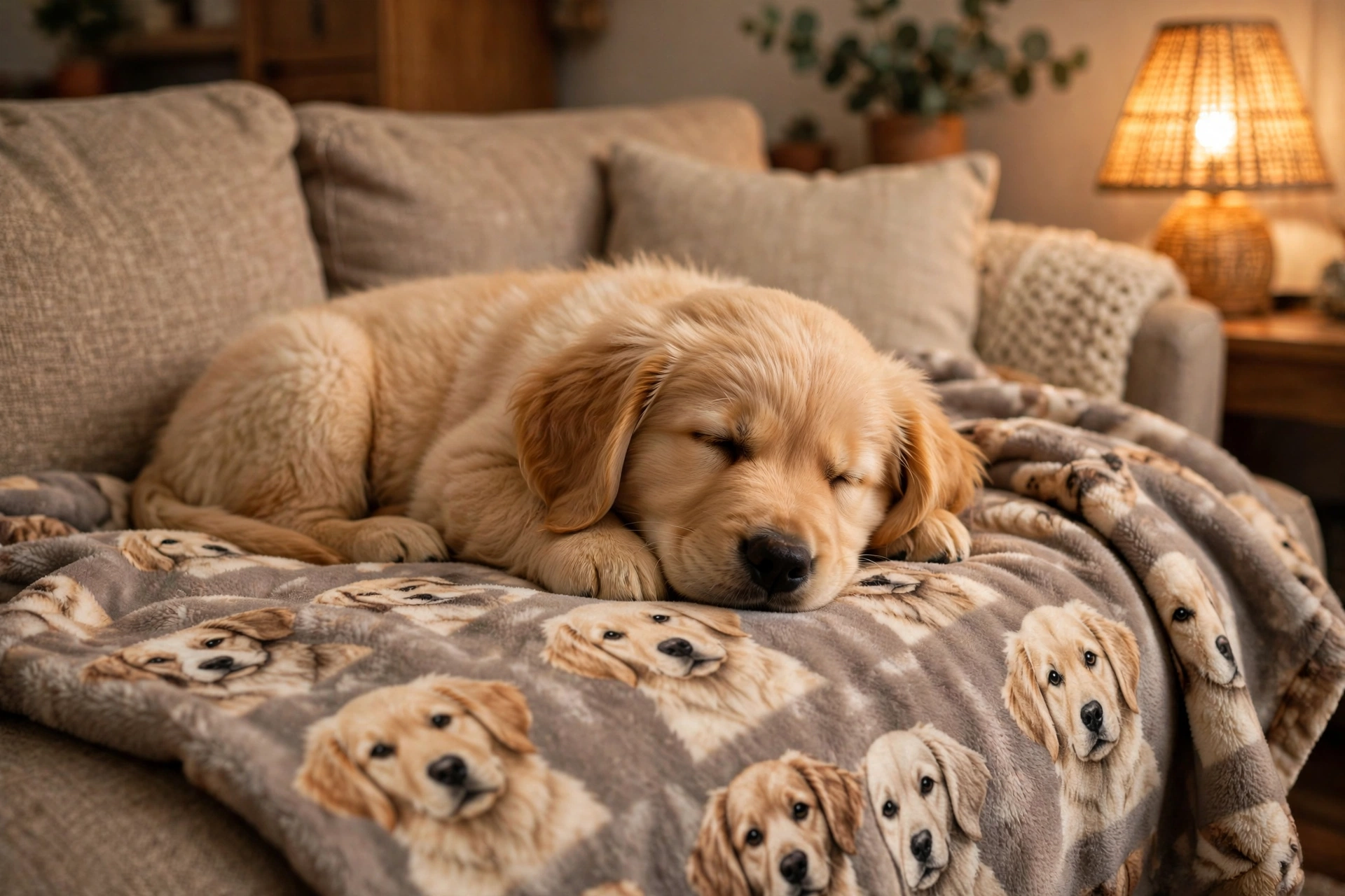 Golden retriever puppy sleeping on a soft printed fleece blanket on a couch