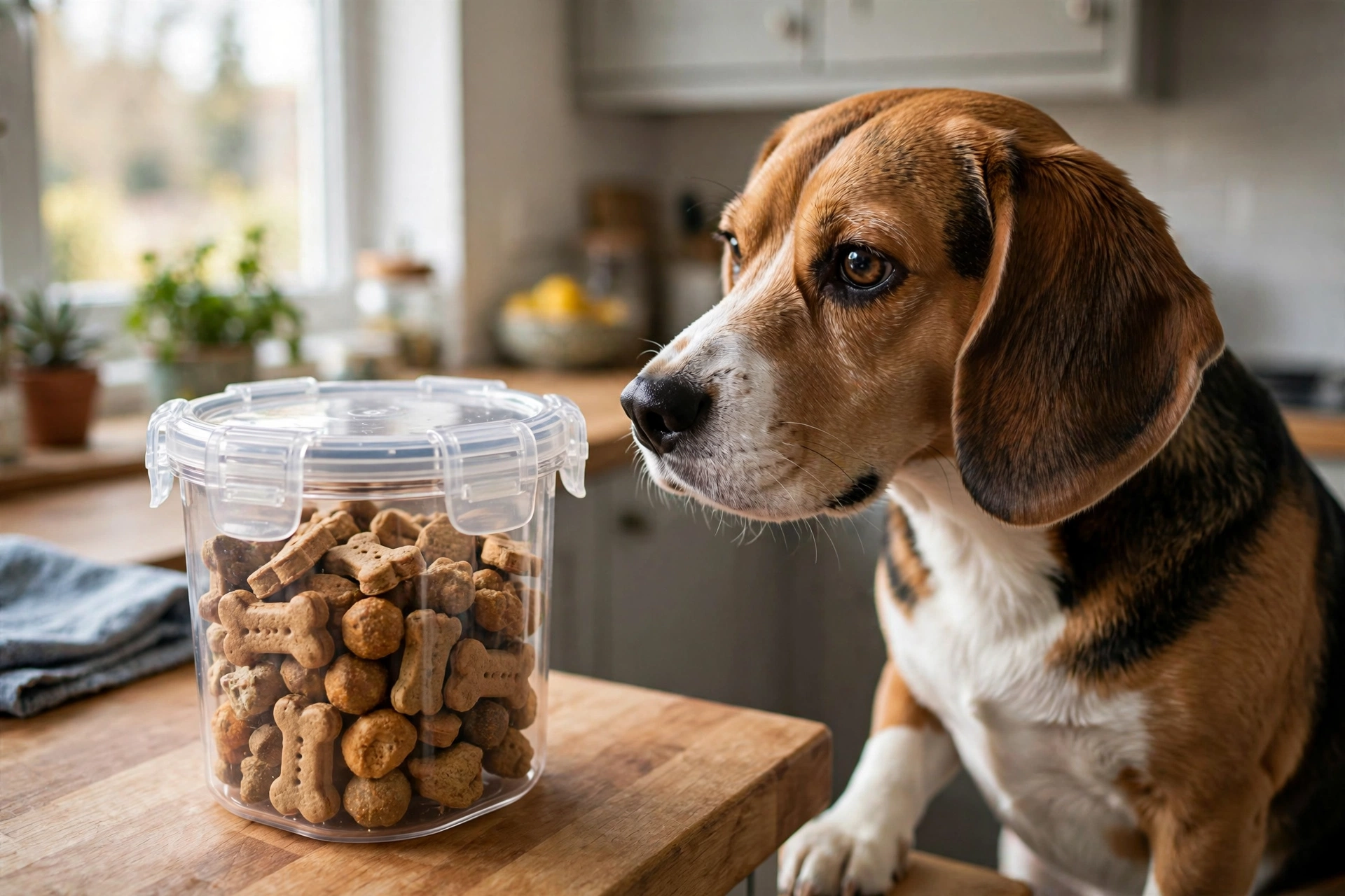 Airtight clear treat container with dog treats on a kitchen counter with a beagle watching