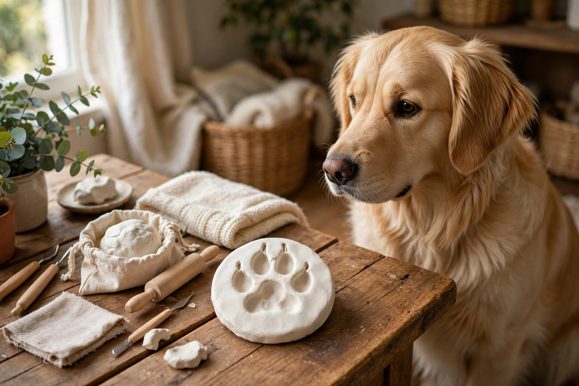 Dog paw print clay keepsake ornament on a wooden table with a golden retriever sitting nearby